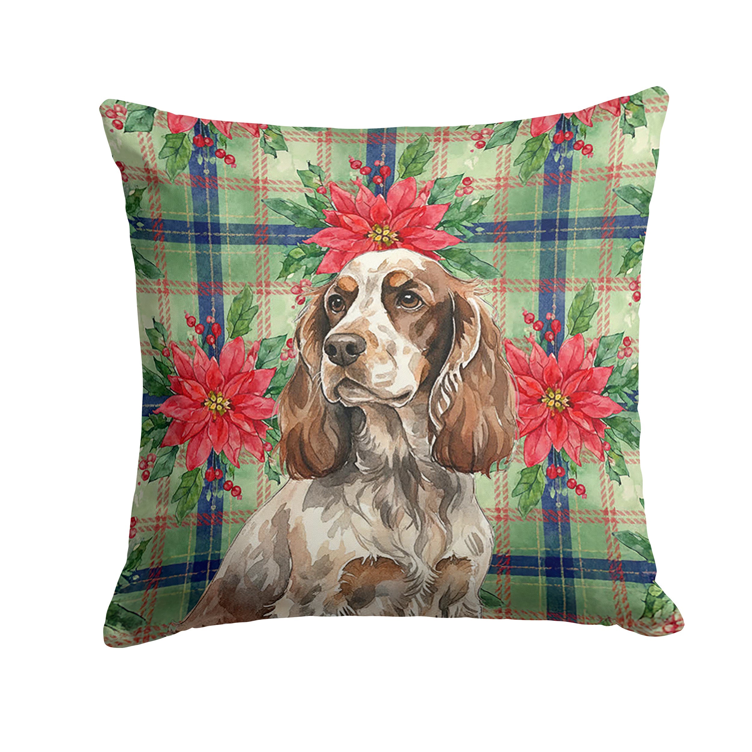 Liver Roan English Cocker Spaniel Christmas PoinsettIas Decorative Throw Pillow 18x18 Indoor Outdoor Accent Cushion, Fabric Cover with Insert for Sofa, Bed, Porch & Living Room