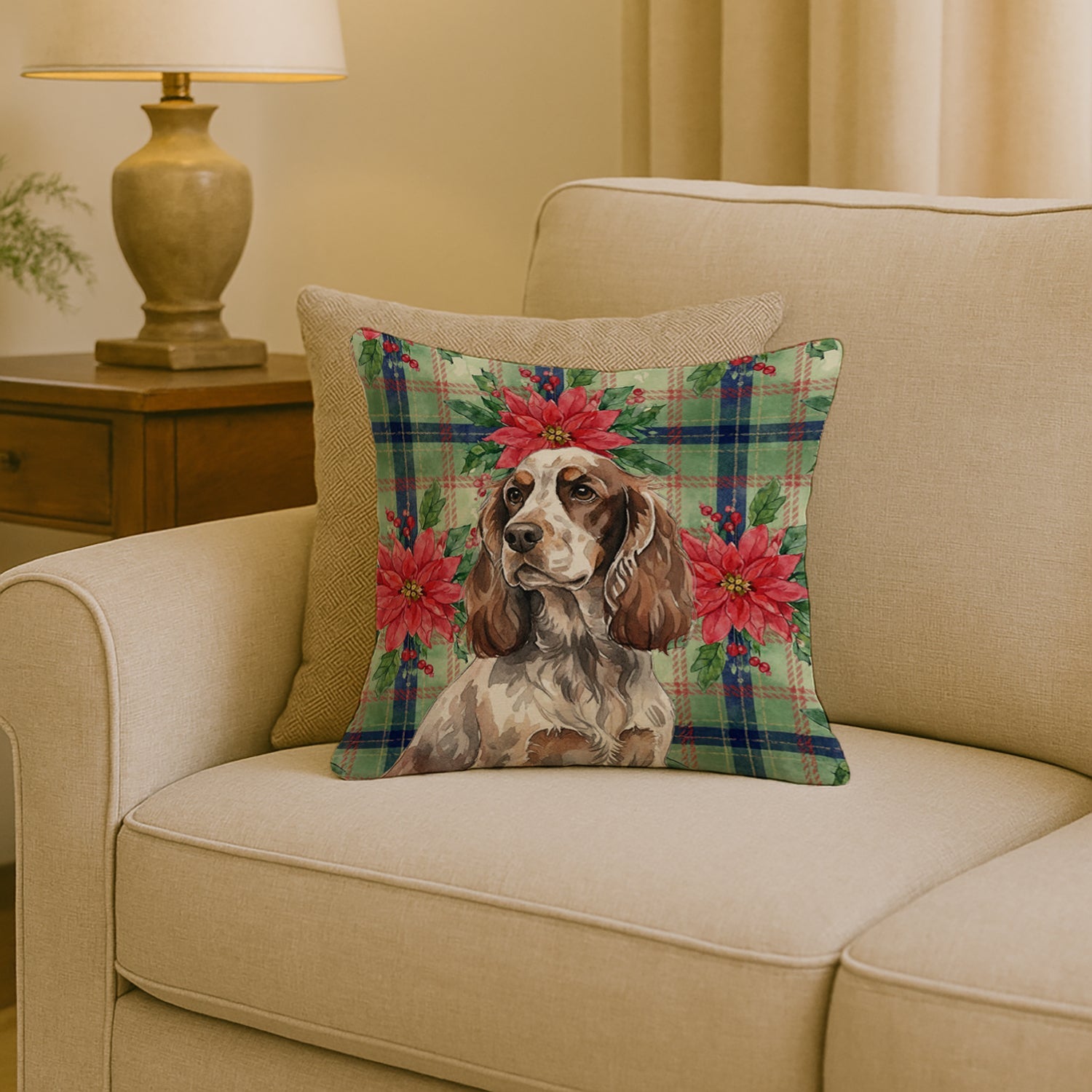Liver Roan English Cocker Spaniel Christmas PoinsettIas Decorative Throw Pillow 18x18 Indoor Outdoor Accent Cushion, Fabric Cover with Insert for Sofa, Bed, Porch & Living Room