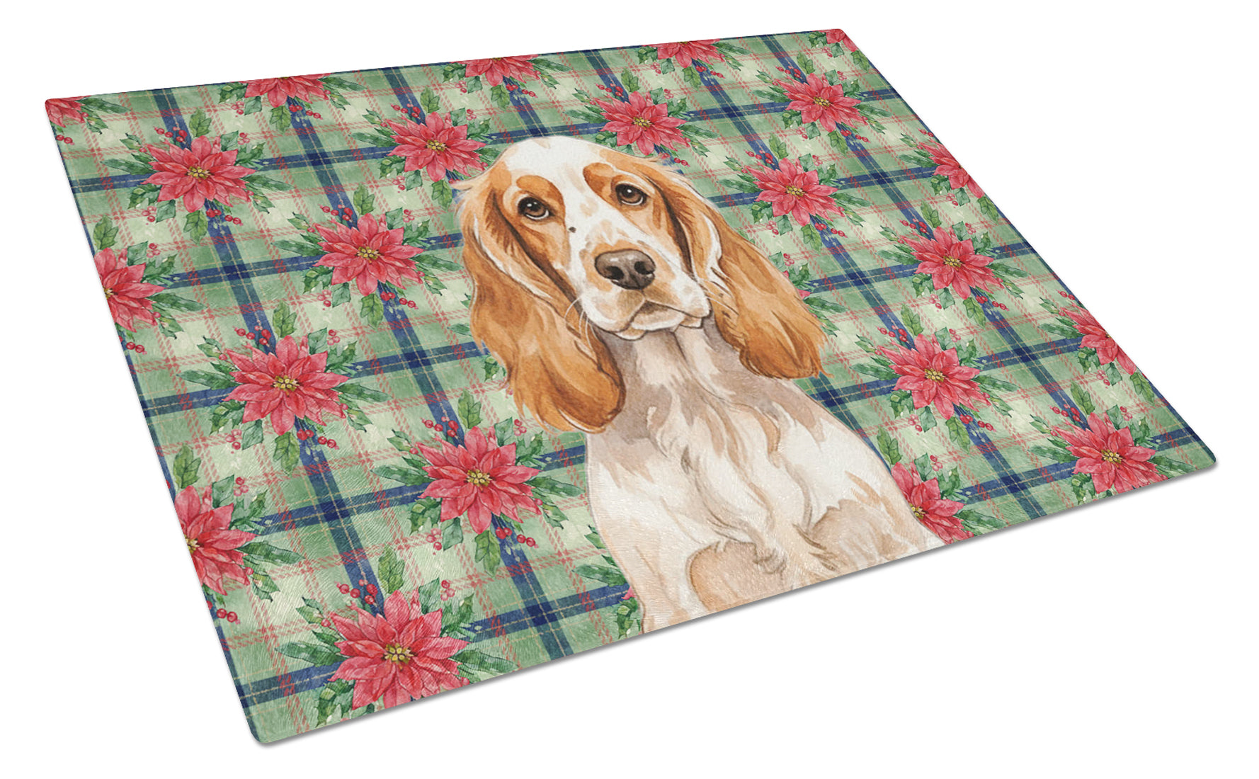 Orange Roan English Cocker Spaniel Christmas PoinsettIas Cutting Board Tempered Glass Kitchen Cutting Surface, Heat Resistant Chopping, Non-Slip Feet, Food Prep & Serving