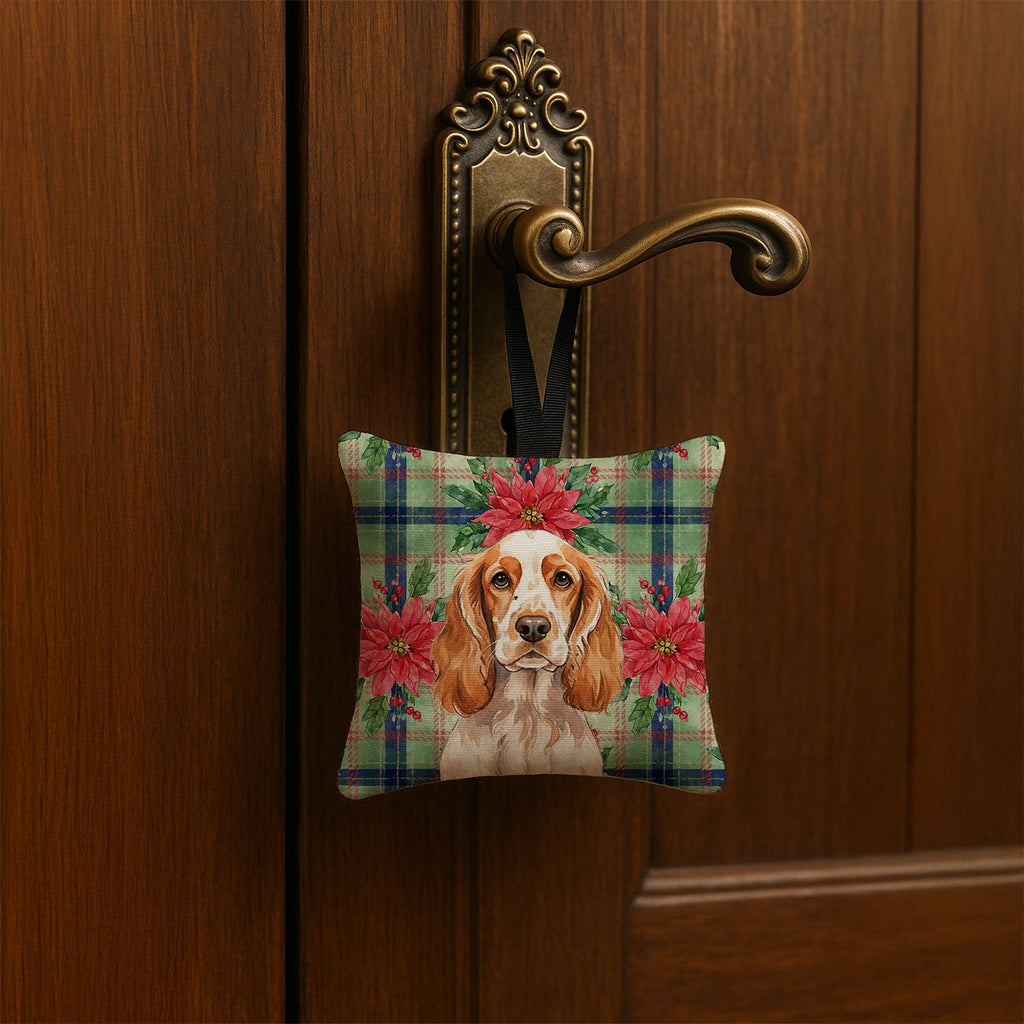 Orange Roan English Cocker Spaniel Christmas PoinsettIas Hanging Square Fabric Ornament 3.5 � 3.5 Decorative Door-Knob & Tree Hanger, Soft Fabric