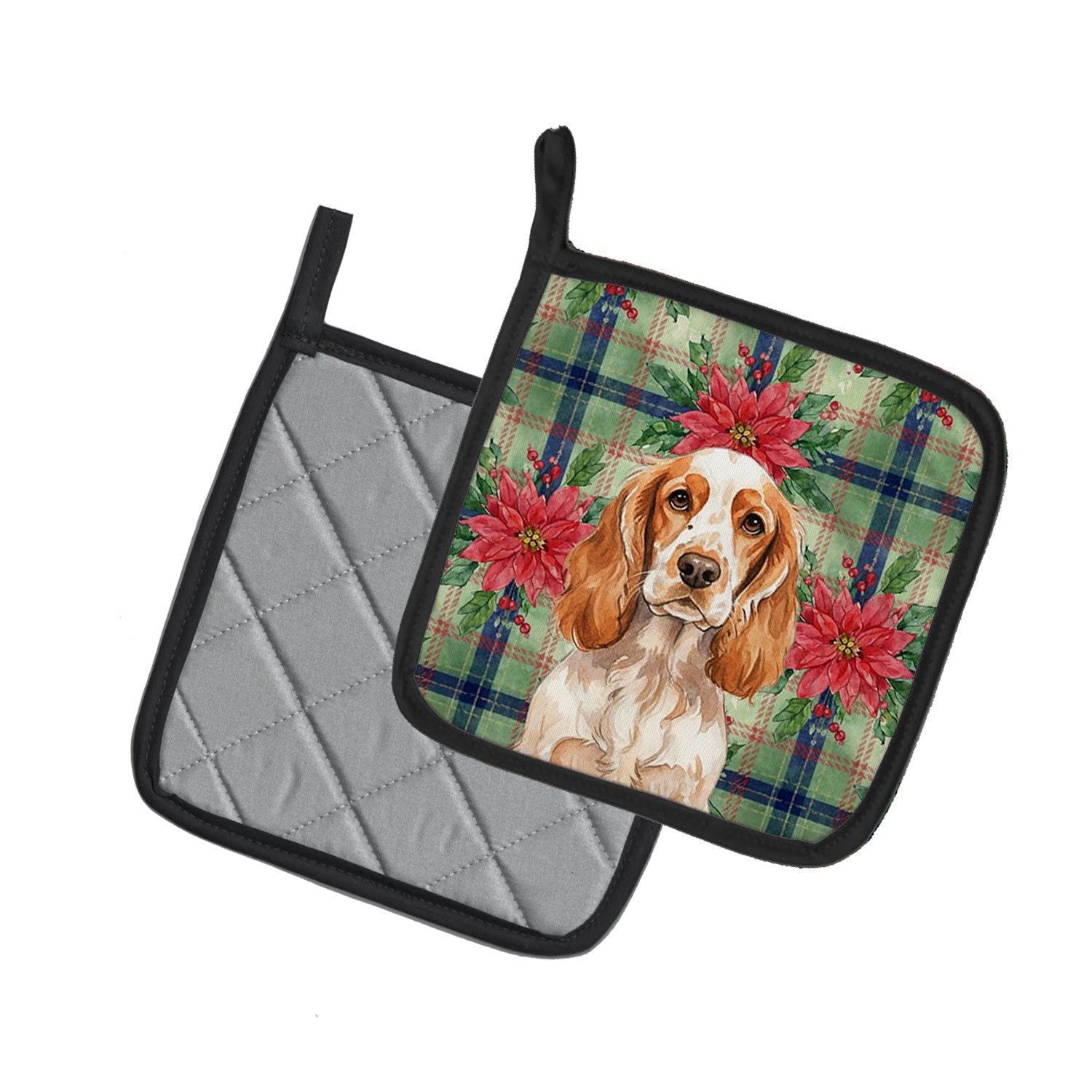 Orange Roan English Cocker Spaniel Christmas PoinsettIas Pot Holder Set of 2 Heat Resistant Quilted Hot Pads 7.5 x 7.5 Inch, Insulated Kitchen Trivets for Cooking & Baking