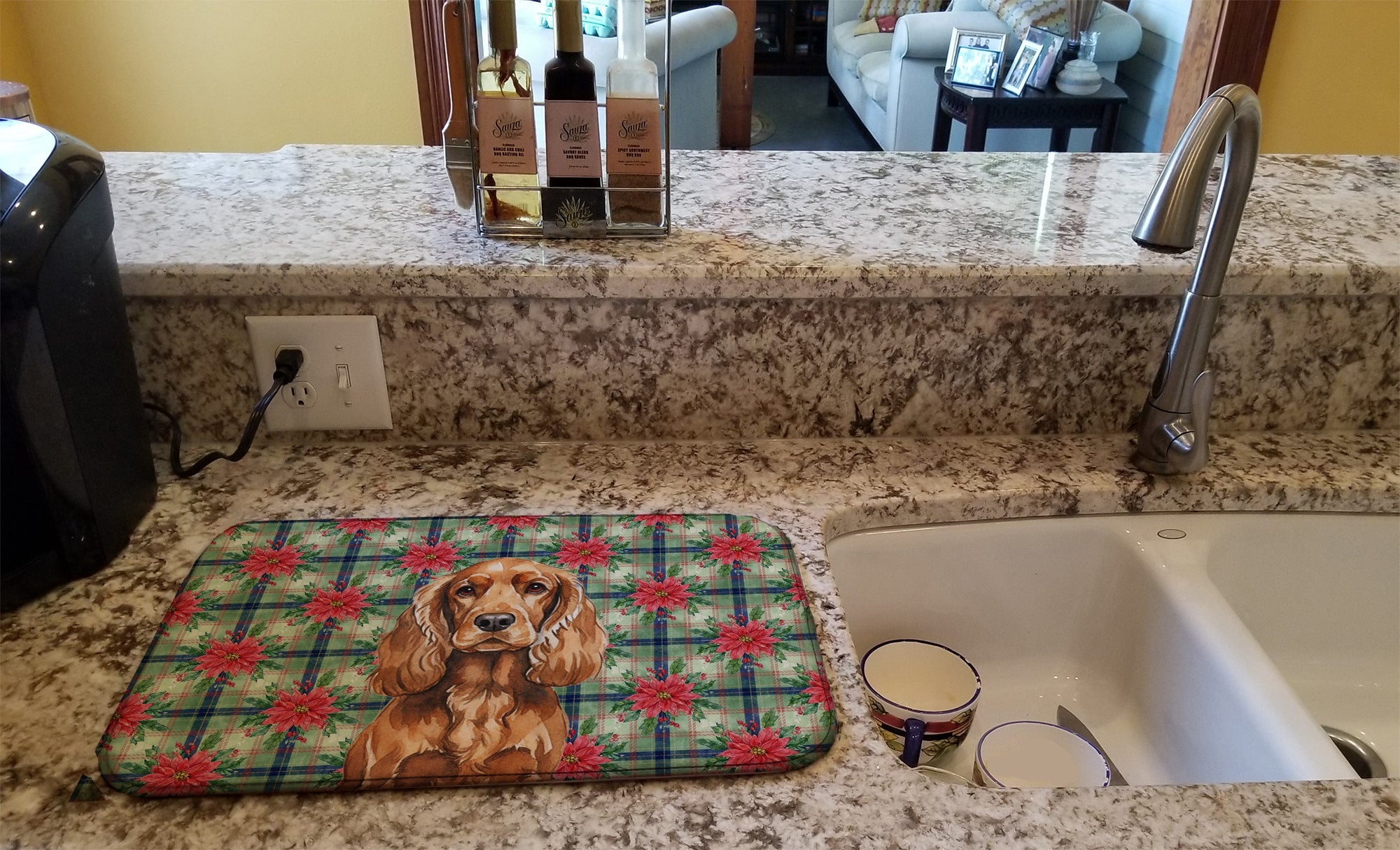 Red English Cocker Spaniel Christmas PoinsettIas Dish Drying Mat Absorbent Dish Drying Mat Pad for Kitchen Counter Dish Drainer Mat for Countertop, 14 x 21", Multicolor