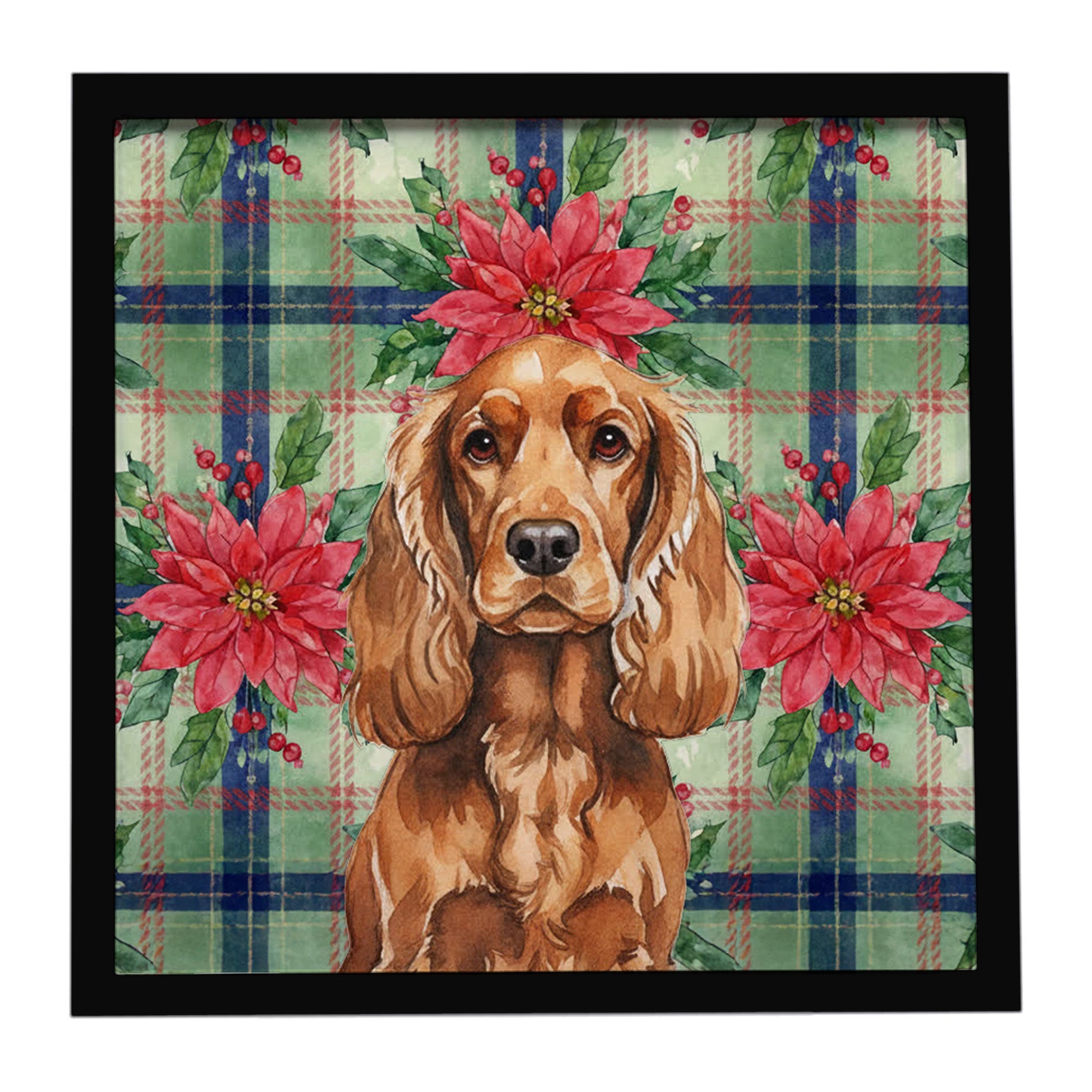 Red English Cocker Spaniel Christmas PoinsettIas Framed Metal Print Bathroom, Kitchen, Office, Home Decor Wall Art Ready to Hang, Square, 8X8