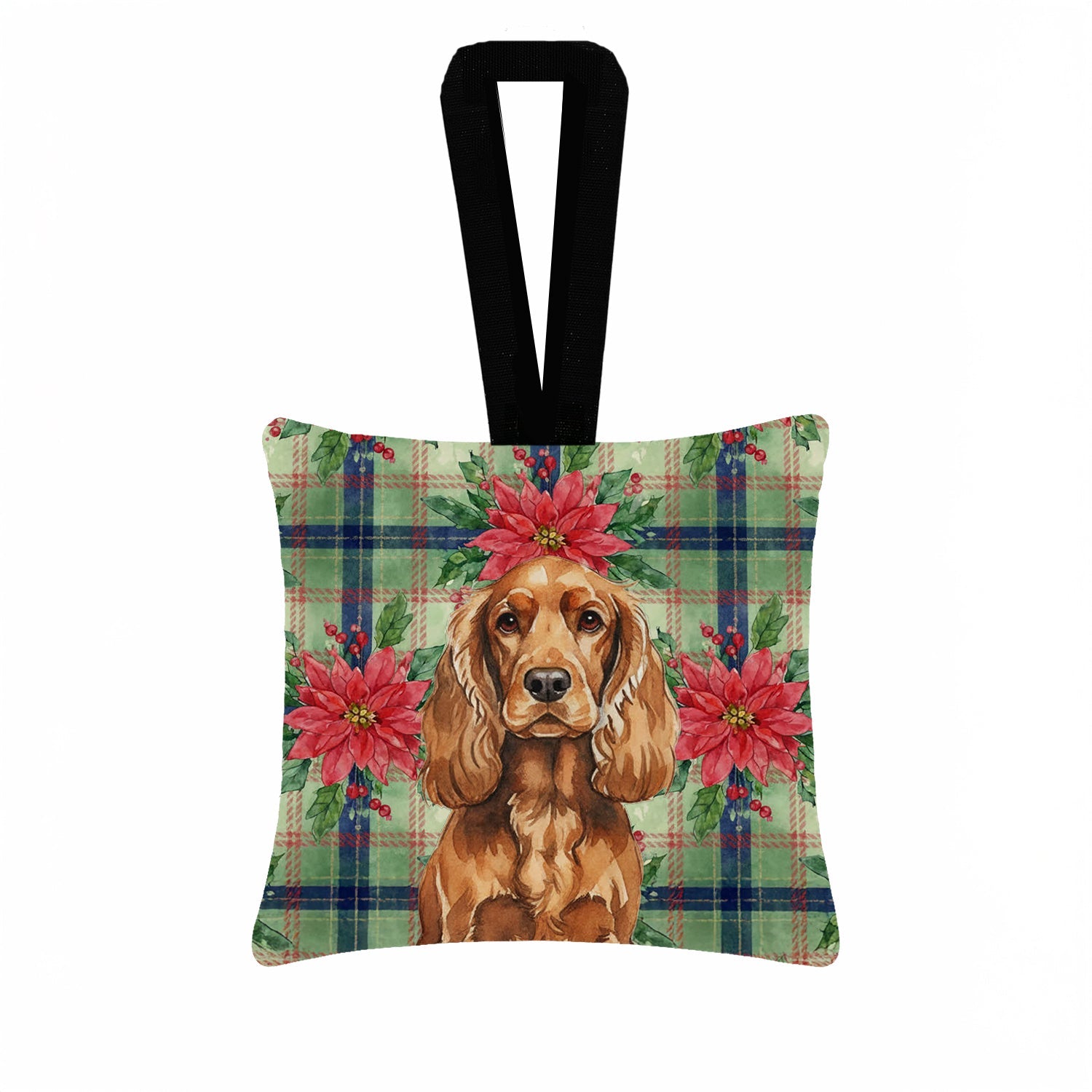 Red English Cocker Spaniel Christmas PoinsettIas Hanging Square Fabric Ornament 3.5 � 3.5 Decorative Door-Knob & Tree Hanger, Soft Fabric