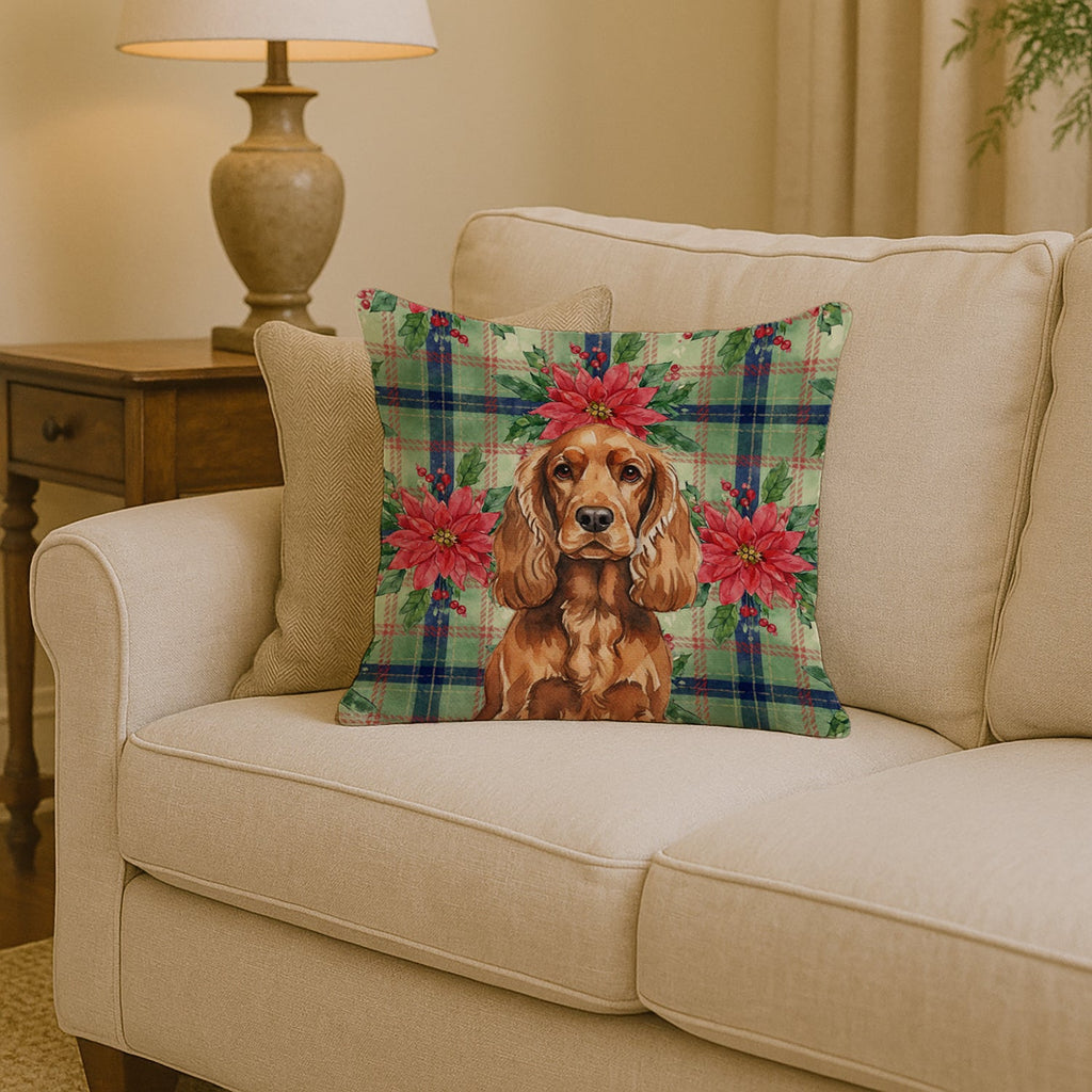 Red English Cocker Spaniel Christmas PoinsettIas Decorative Throw Pillow 14x14 Indoor Outdoor Accent Cushion, Fabric Cover with Insert for Sofa, Bed, Porch & Living Room