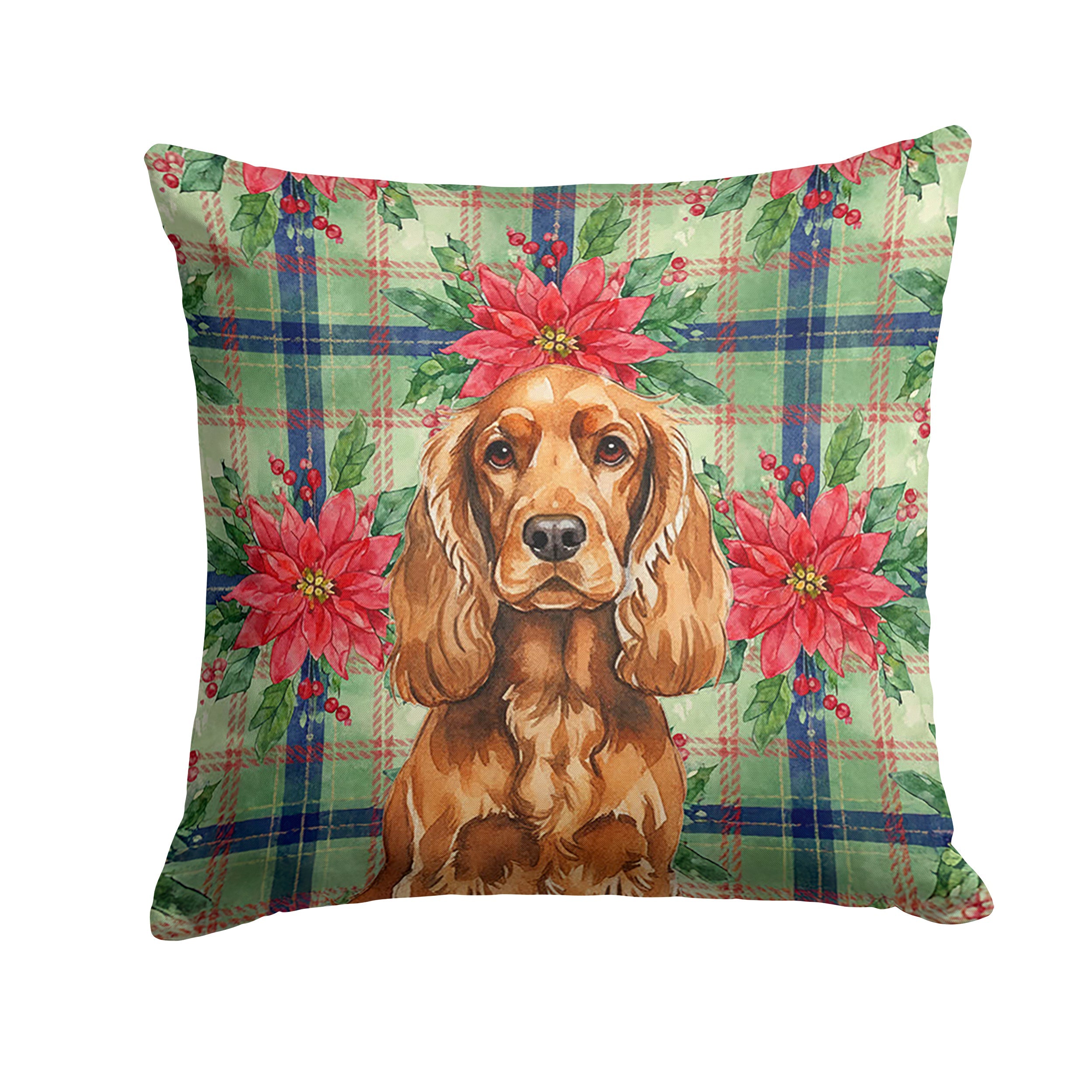 Red English Cocker Spaniel Christmas PoinsettIas Decorative Throw Pillow 18x18 Indoor Outdoor Accent Cushion, Fabric Cover with Insert for Sofa, Bed, Porch & Living Room