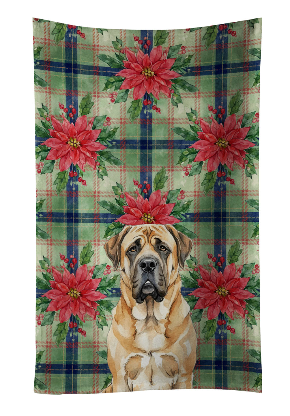 Apricot English Mastiff Christmas PoinsettIas Kitchen Towel Velour Plush Front and Cotton Loop Back Machine Washable