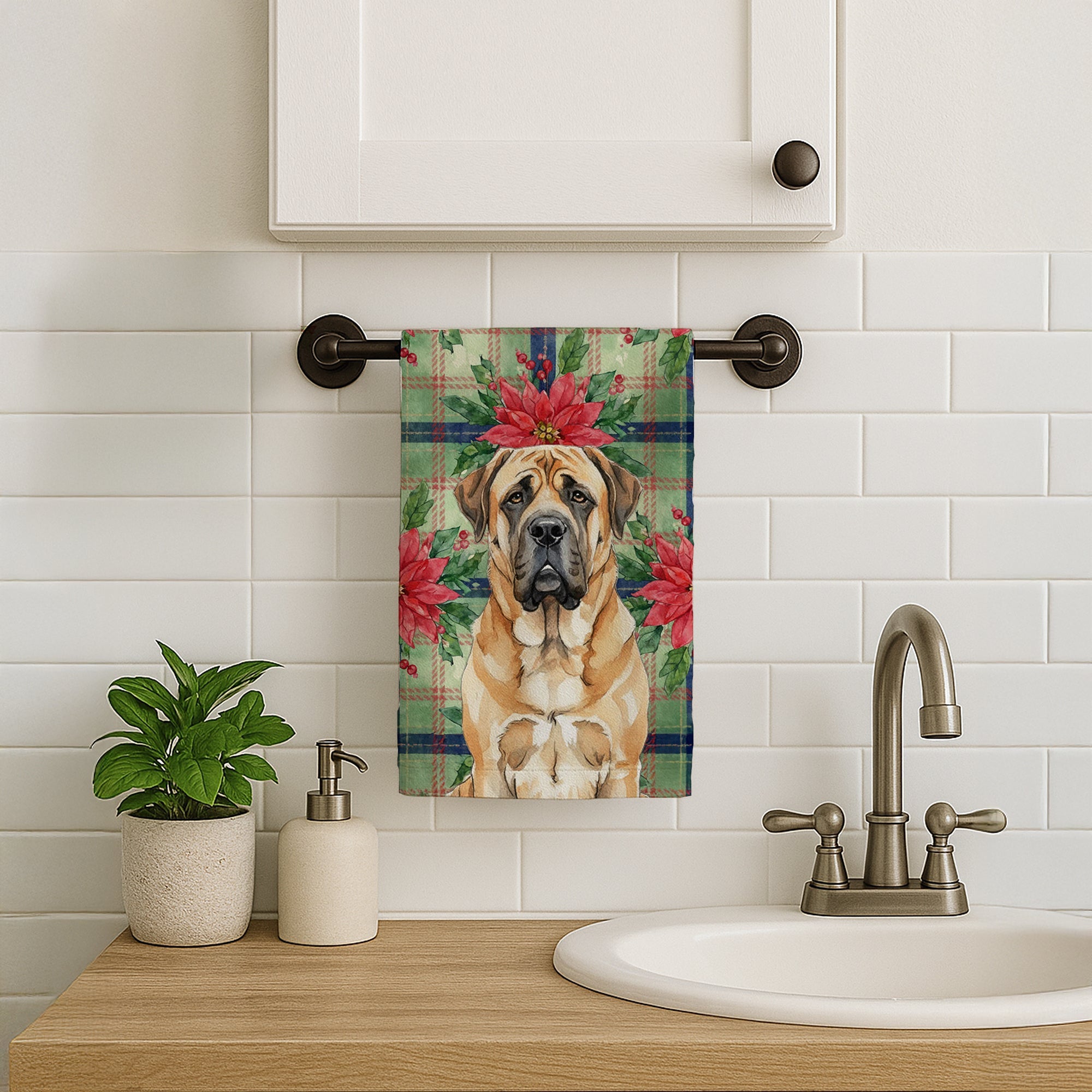 Apricot English Mastiff Christmas PoinsettIas Kitchen Towel Velour Plush Front and Cotton Loop Back Machine Washable