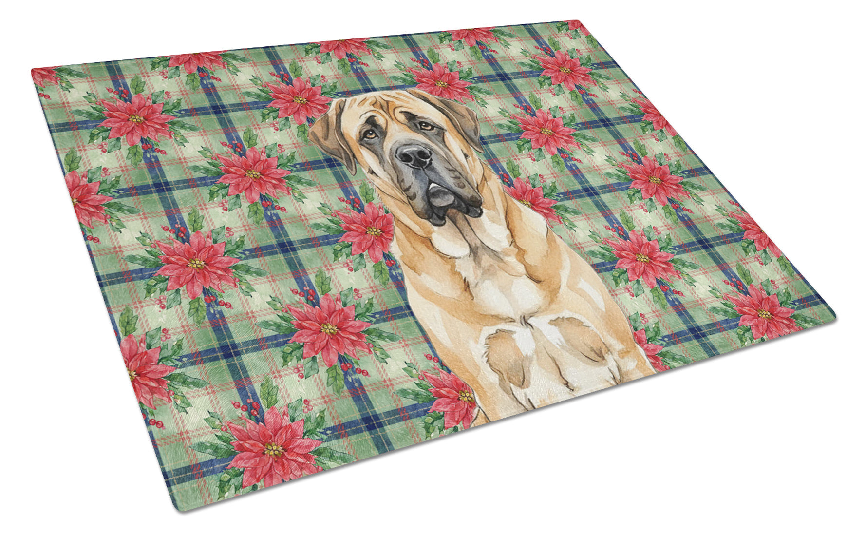 Apricot English Mastiff Christmas PoinsettIas Cutting Board Tempered Glass Kitchen Cutting Surface, Heat Resistant Chopping, Non-Slip Feet, Food Prep & Serving