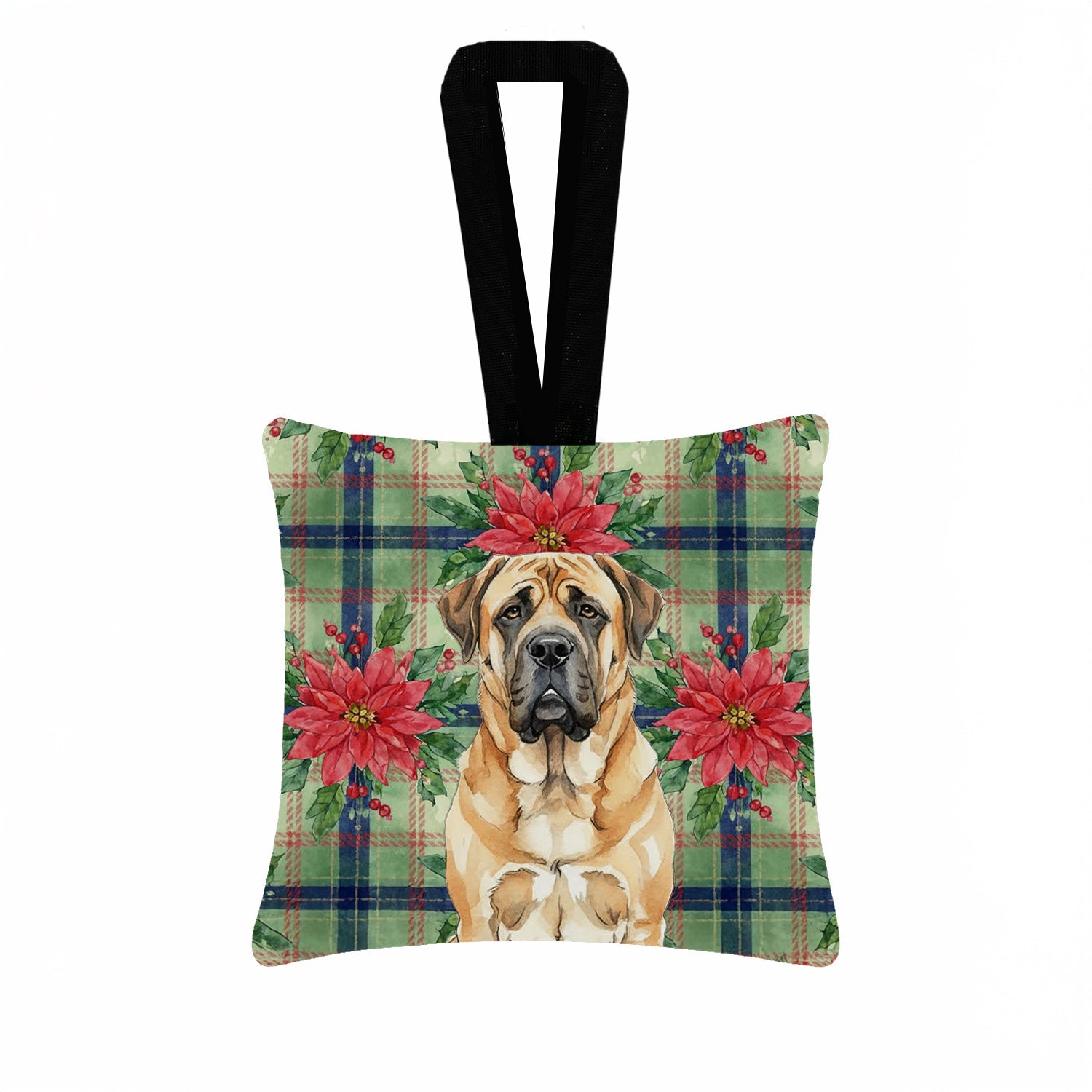 Apricot English Mastiff Christmas PoinsettIas Hanging Square Fabric Ornament 3.5 � 3.5 Decorative Door-Knob & Tree Hanger, Soft Fabric