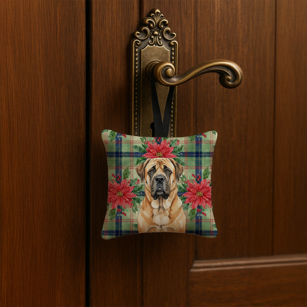 Apricot English Mastiff Christmas PoinsettIas Hanging Square Fabric Ornament 3.5 � 3.5 Decorative Door-Knob & Tree Hanger, Soft Fabric
