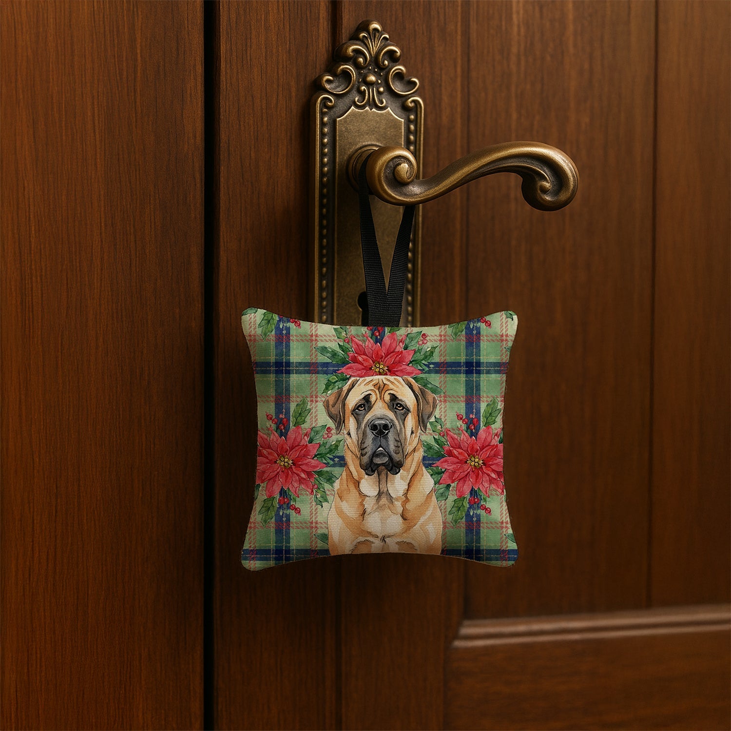 Apricot English Mastiff Christmas PoinsettIas Hanging Square Fabric Ornament 3.5 � 3.5 Decorative Door-Knob & Tree Hanger, Soft Fabric