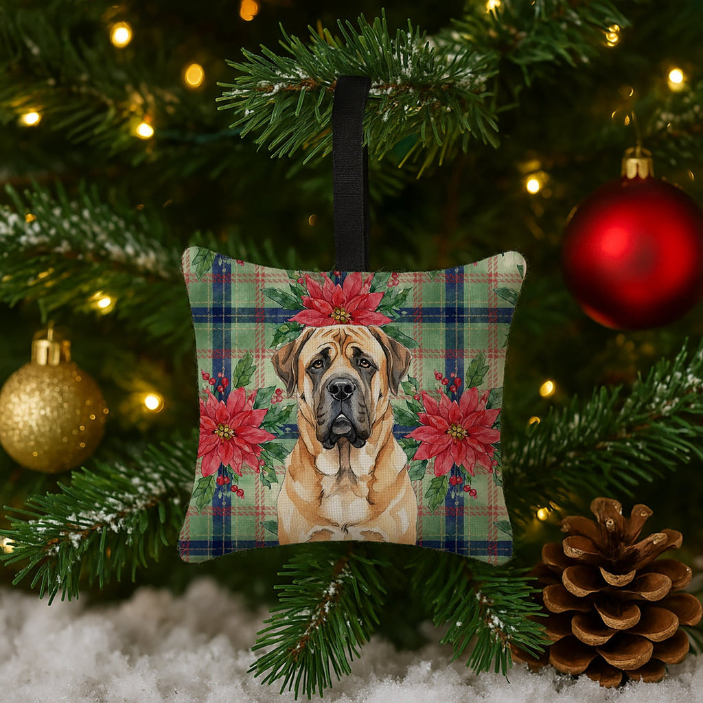 Apricot English Mastiff Christmas PoinsettIas Hanging Square Fabric Ornament 3.5 � 3.5 Decorative Door-Knob & Tree Hanger, Soft Fabric