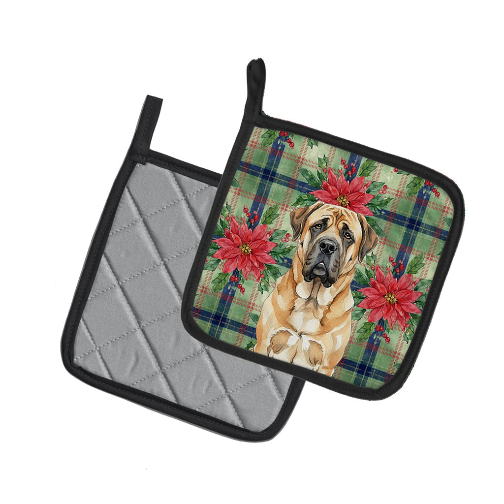 Apricot English Mastiff Christmas PoinsettIas Pot Holder Set of 2 Heat Resistant Quilted Hot Pads 7.5 x 7.5 Inch, Insulated Kitchen Trivets for Cooking & Baking