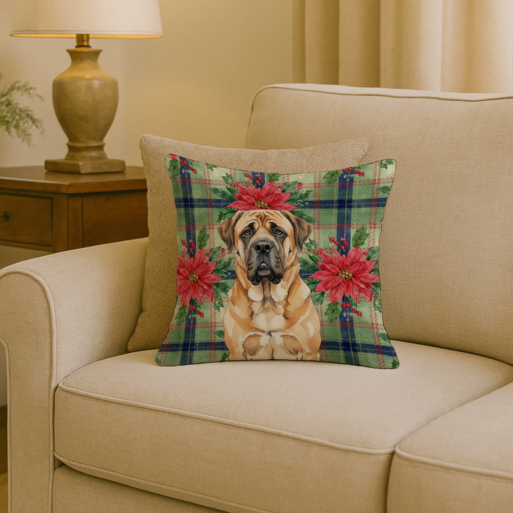 Apricot English Mastiff Christmas PoinsettIas Decorative Throw Pillow 18x18 Indoor Outdoor Accent Cushion, Fabric Cover with Insert for Sofa, Bed, Porch & Living Room