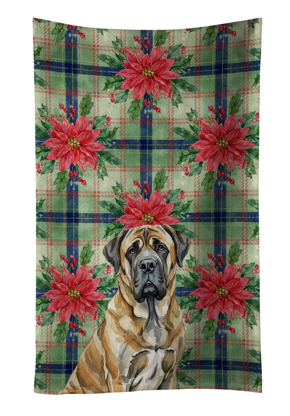 Brindle English Mastiff Christmas PoinsettIas Kitchen Towel Velour Plush Front and Cotton Loop Back Machine Washable