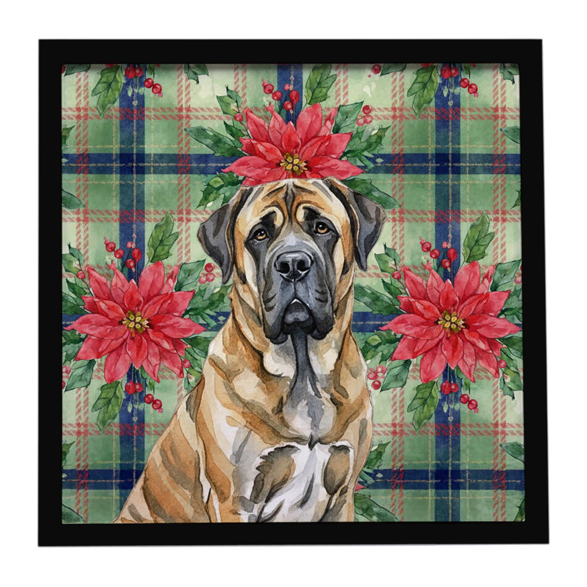 Brindle English Mastiff Christmas PoinsettIas Framed Metal Print Bathroom, Kitchen, Office, Home Decor Wall Art Ready to Hang, Square, 8X8