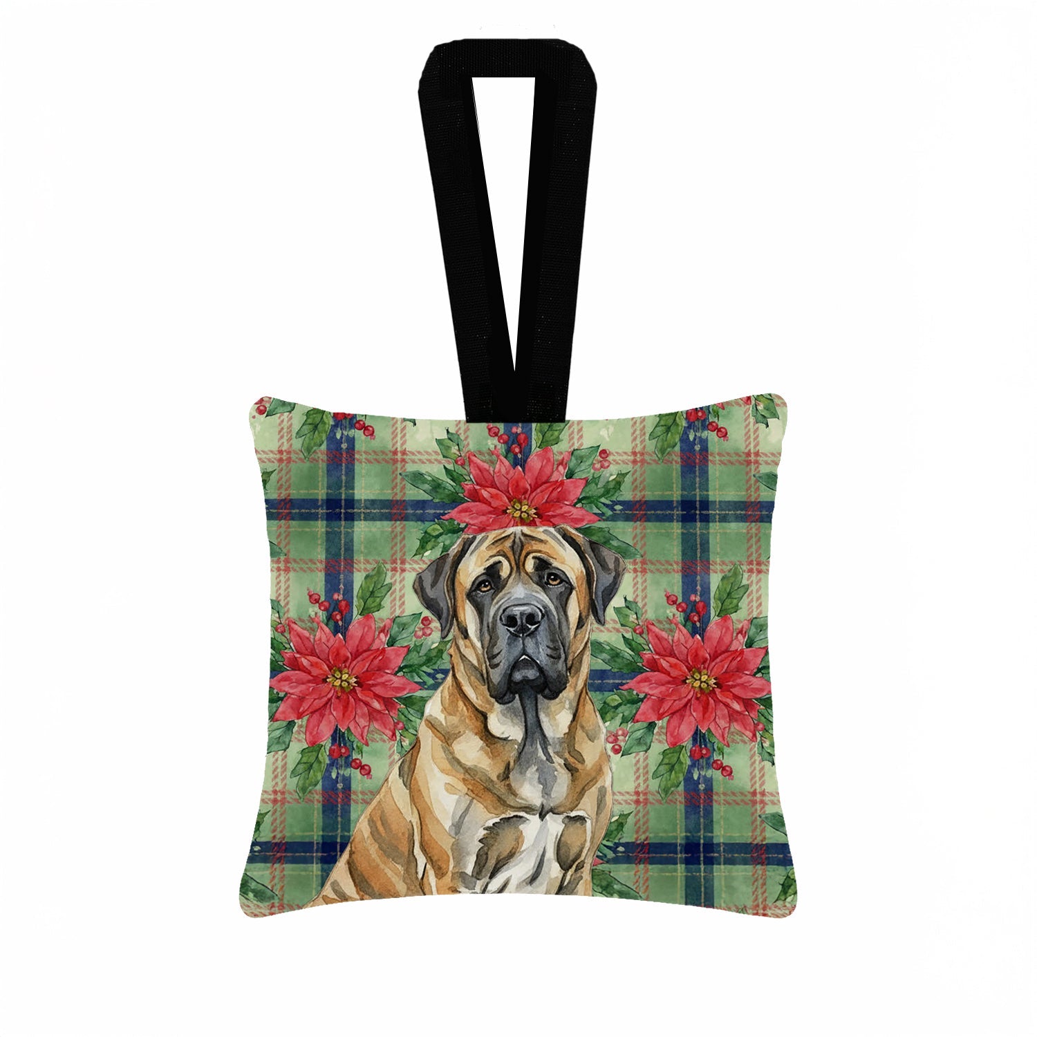 Brindle English Mastiff Christmas PoinsettIas Hanging Square Fabric Ornament 3.5 � 3.5 Decorative Door-Knob & Tree Hanger, Soft Fabric
