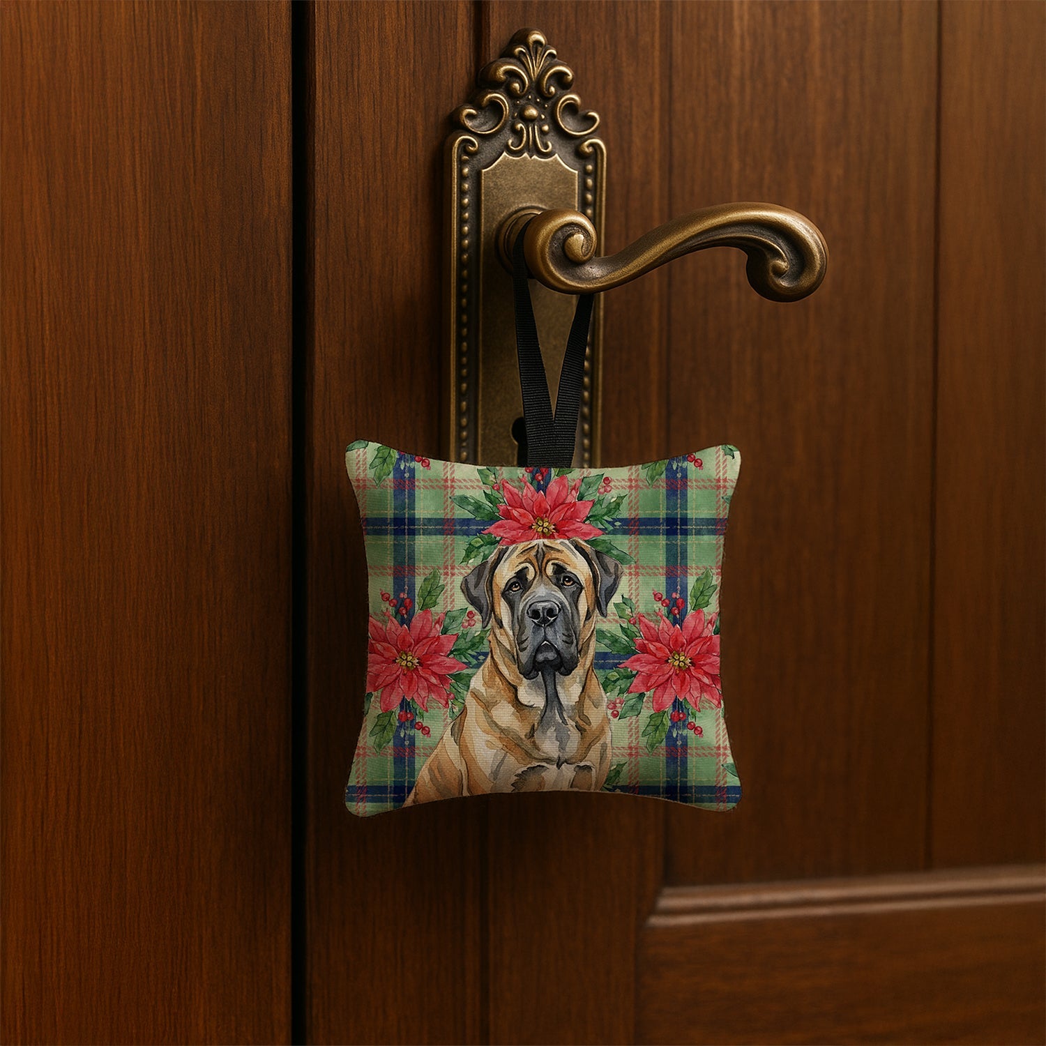 Brindle English Mastiff Christmas PoinsettIas Hanging Square Fabric Ornament 3.5 � 3.5 Decorative Door-Knob & Tree Hanger, Soft Fabric