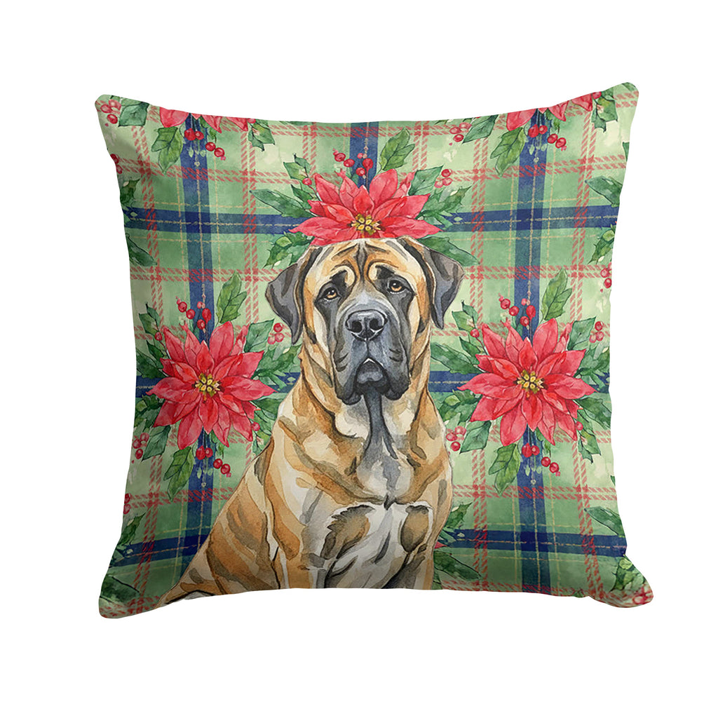 Brindle English Mastiff Christmas PoinsettIas Decorative Throw Pillow 18x18 Indoor Outdoor Accent Cushion, Fabric Cover with Insert for Sofa, Bed, Porch & Living Room