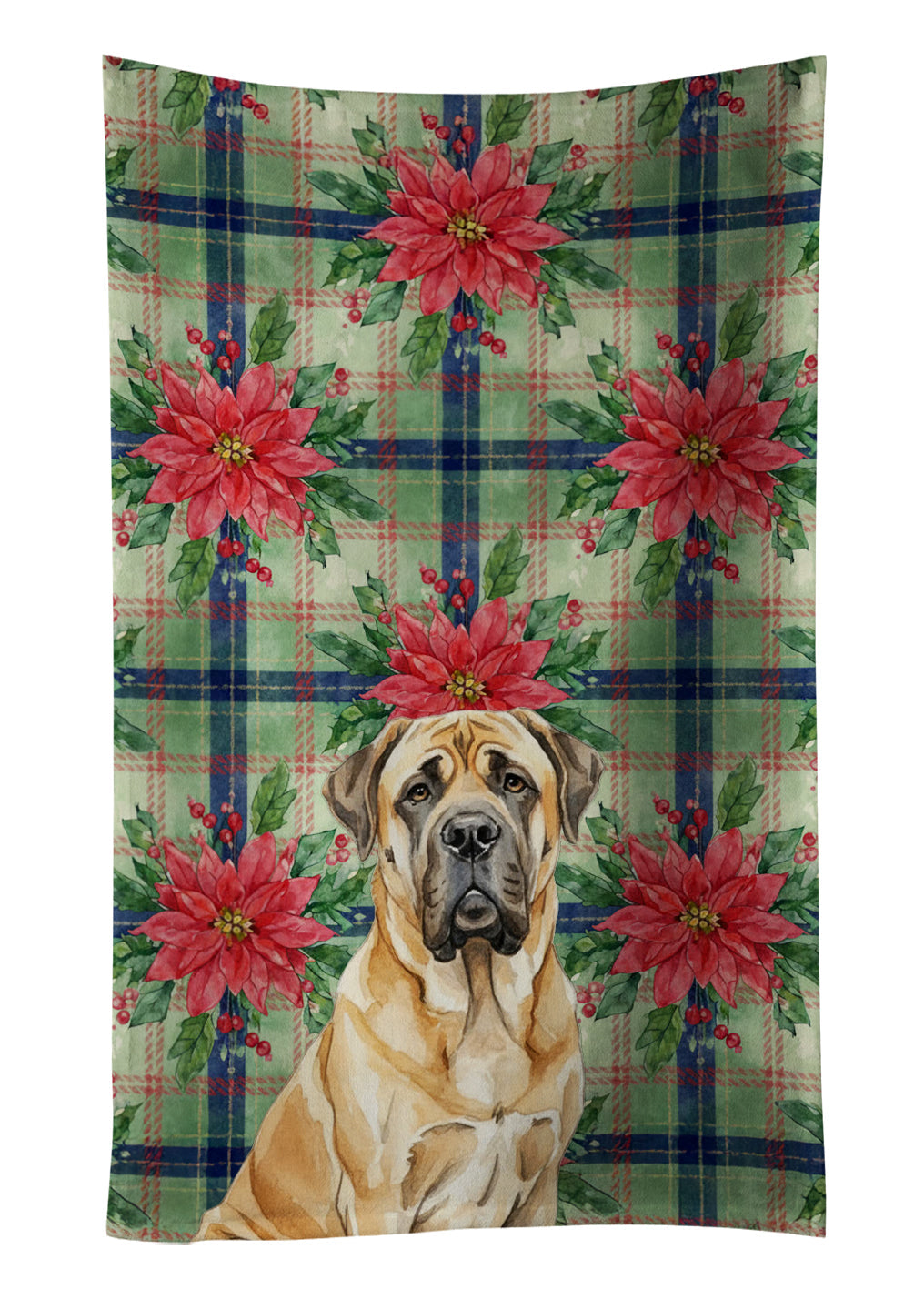 Fawn English Mastiff Christmas PoinsettIas Kitchen Towel Velour Plush Front and Cotton Loop Back Machine Washable