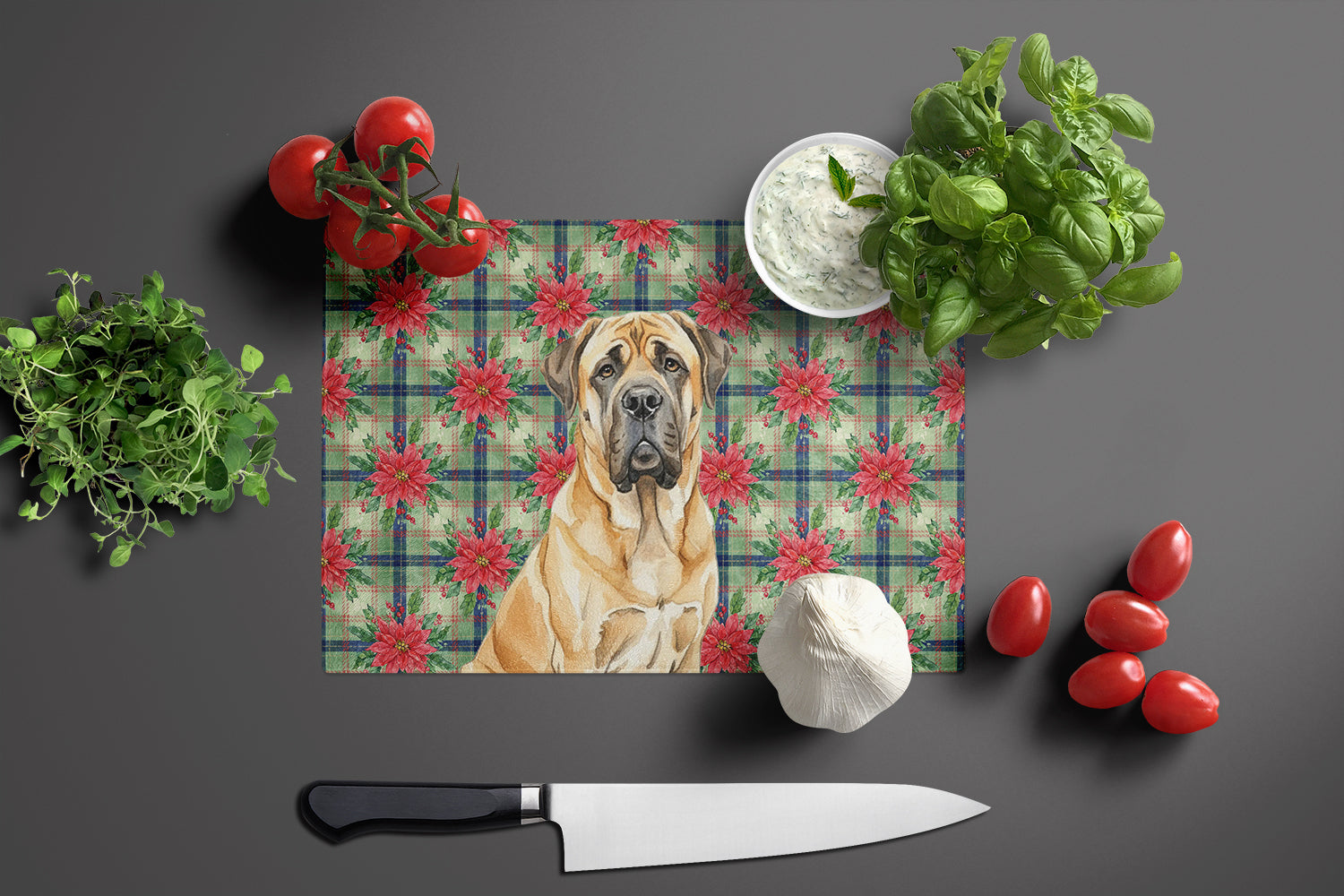 Fawn English Mastiff Christmas PoinsettIas Cutting Board Tempered Glass Kitchen Cutting Surface, Heat Resistant Chopping, Non-Slip Feet, Food Prep & Serving