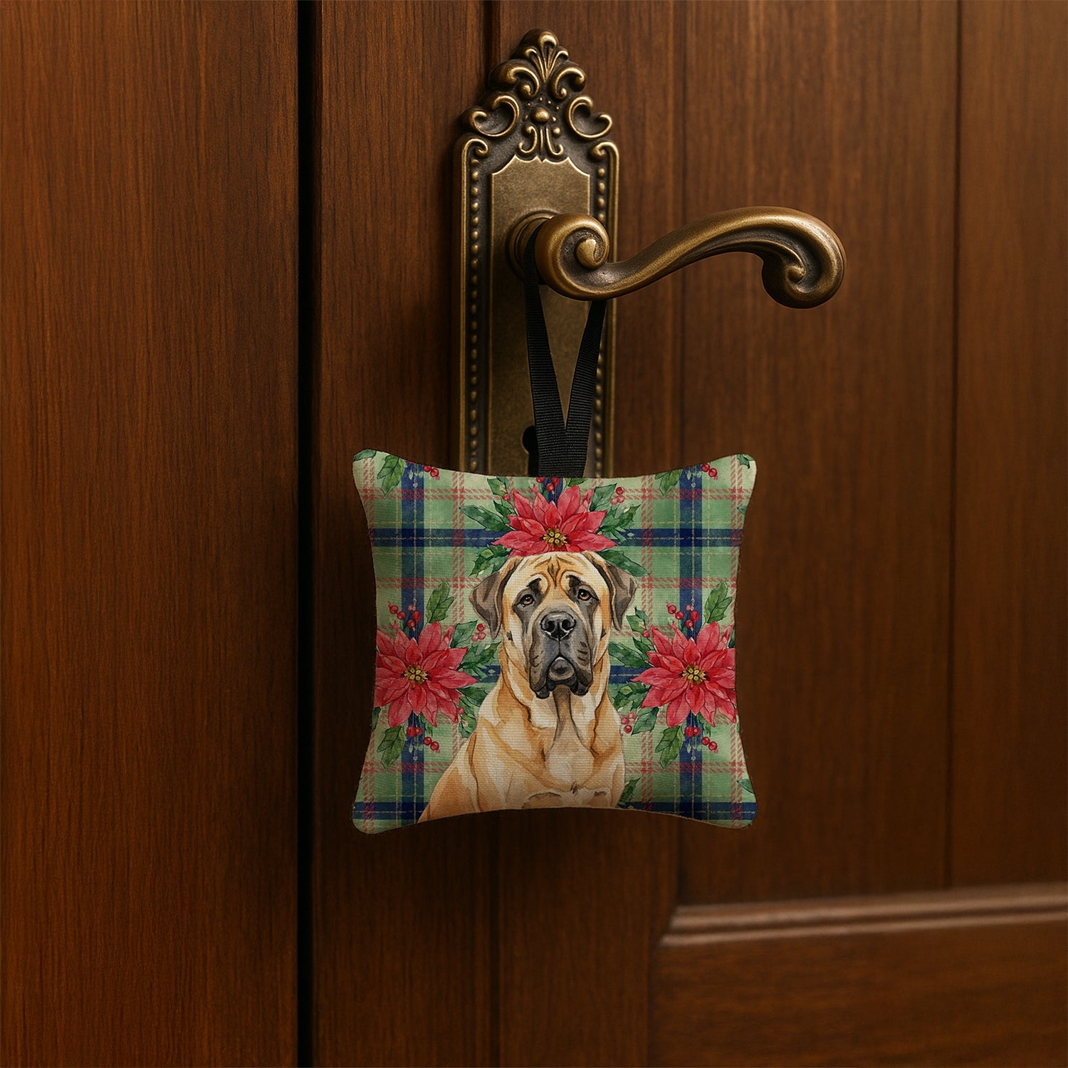 Fawn English Mastiff Christmas PoinsettIas Hanging Square Fabric Ornament 3.5 � 3.5 Decorative Door-Knob & Tree Hanger, Soft Fabric
