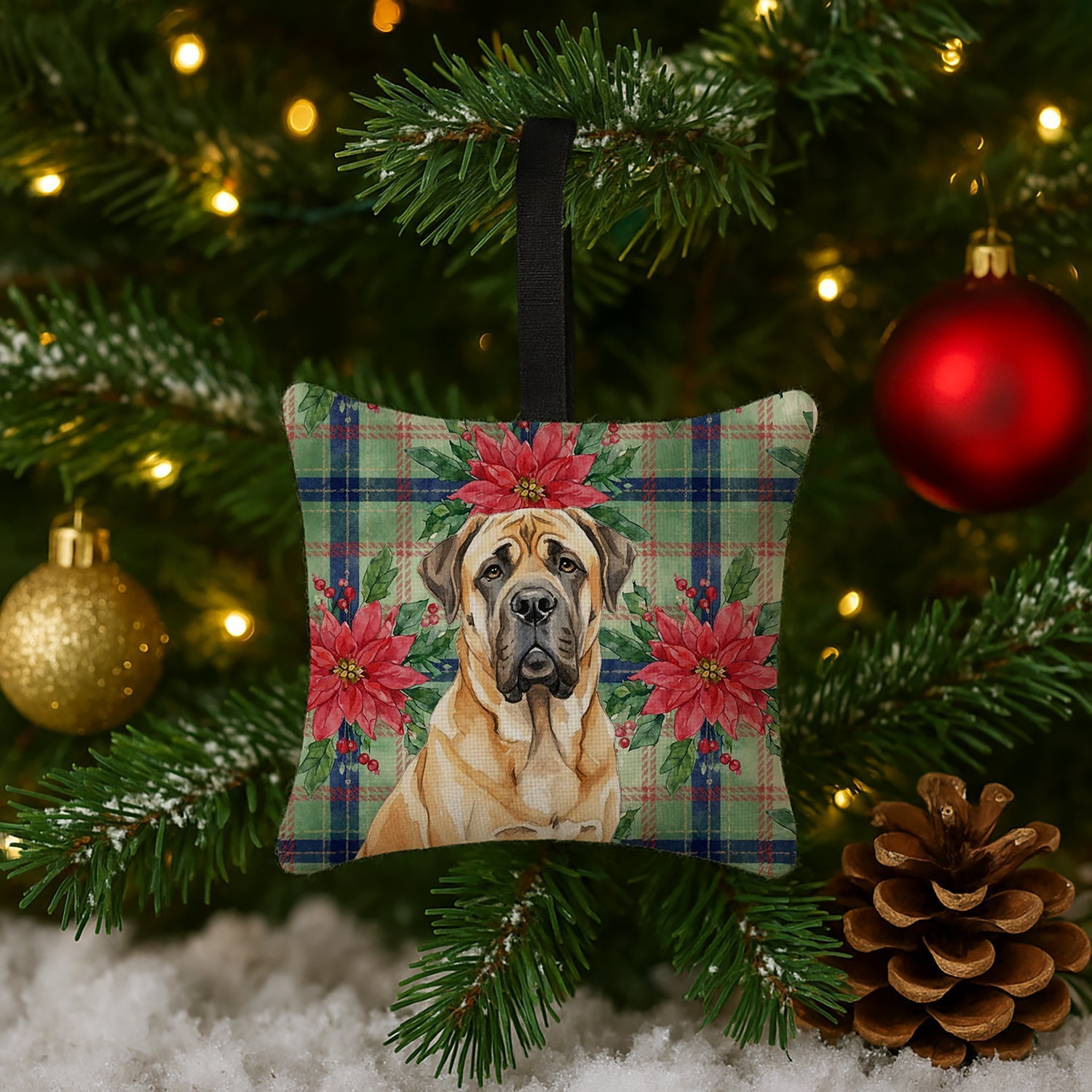Fawn English Mastiff Christmas PoinsettIas Hanging Square Fabric Ornament 3.5 � 3.5 Decorative Door-Knob & Tree Hanger, Soft Fabric