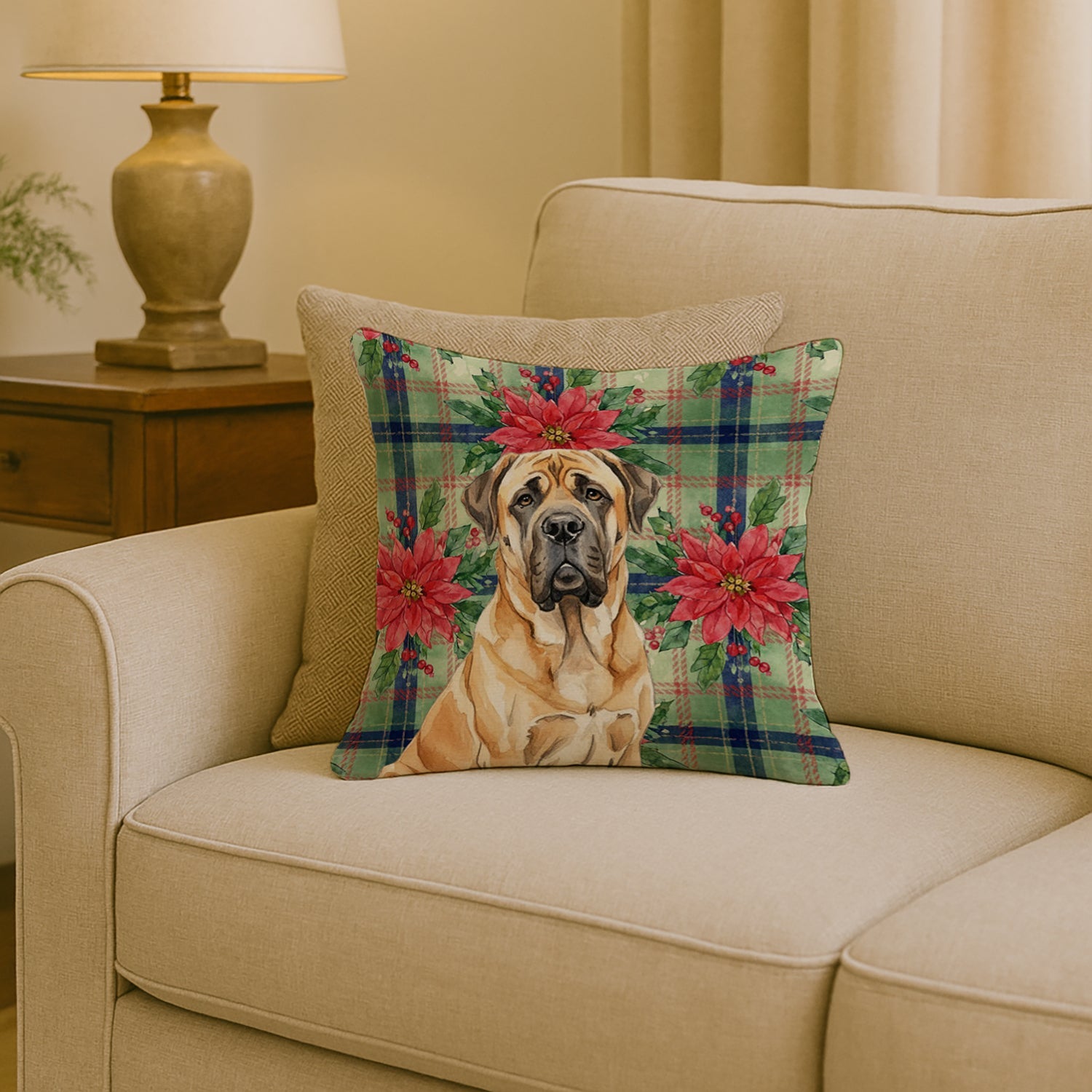 Fawn English Mastiff Christmas PoinsettIas Decorative Throw Pillow 18x18 Indoor Outdoor Accent Cushion, Fabric Cover with Insert for Sofa, Bed, Porch & Living Room