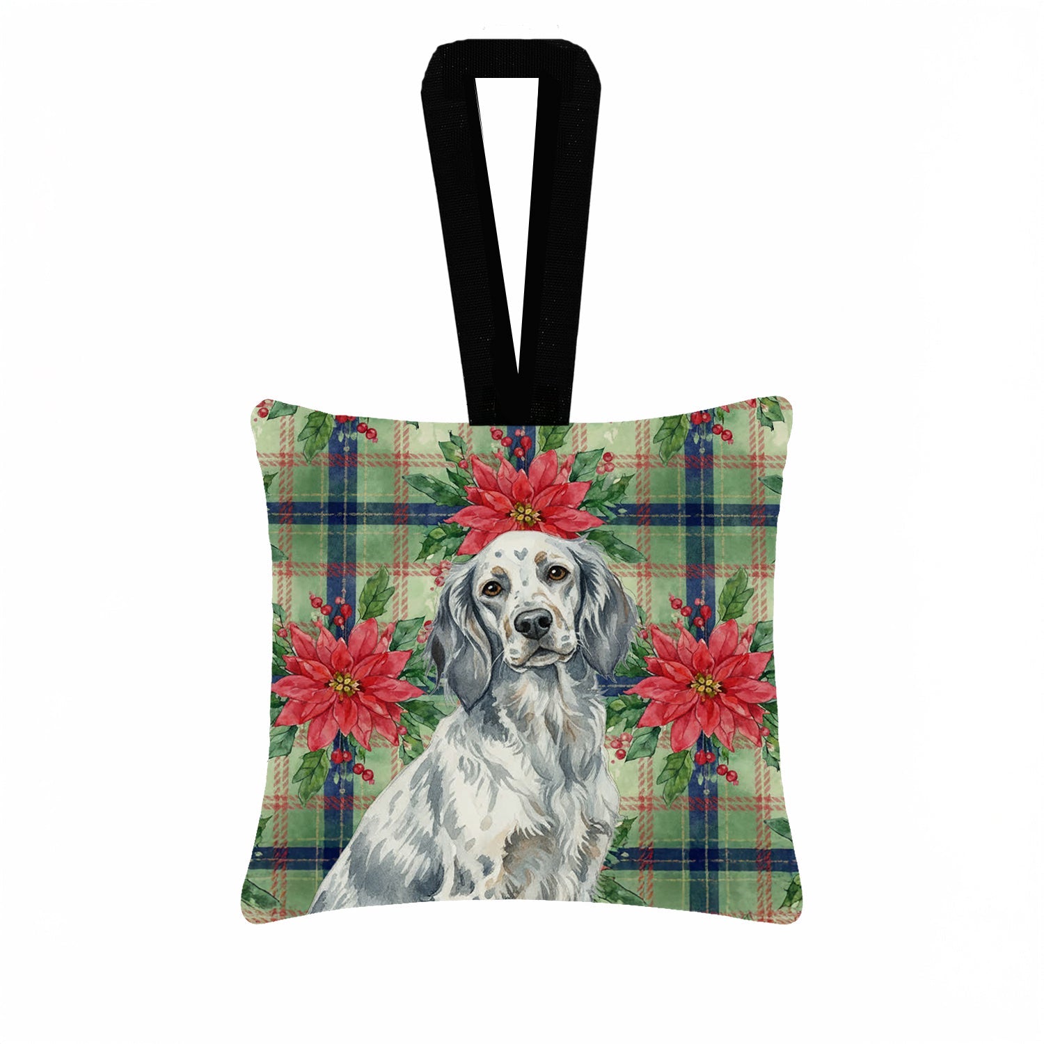 Blue Belton English Setter Christmas PoinsettIas Hanging Square Fabric Ornament 3.5 � 3.5 Decorative Door-Knob & Tree Hanger, Soft Fabric