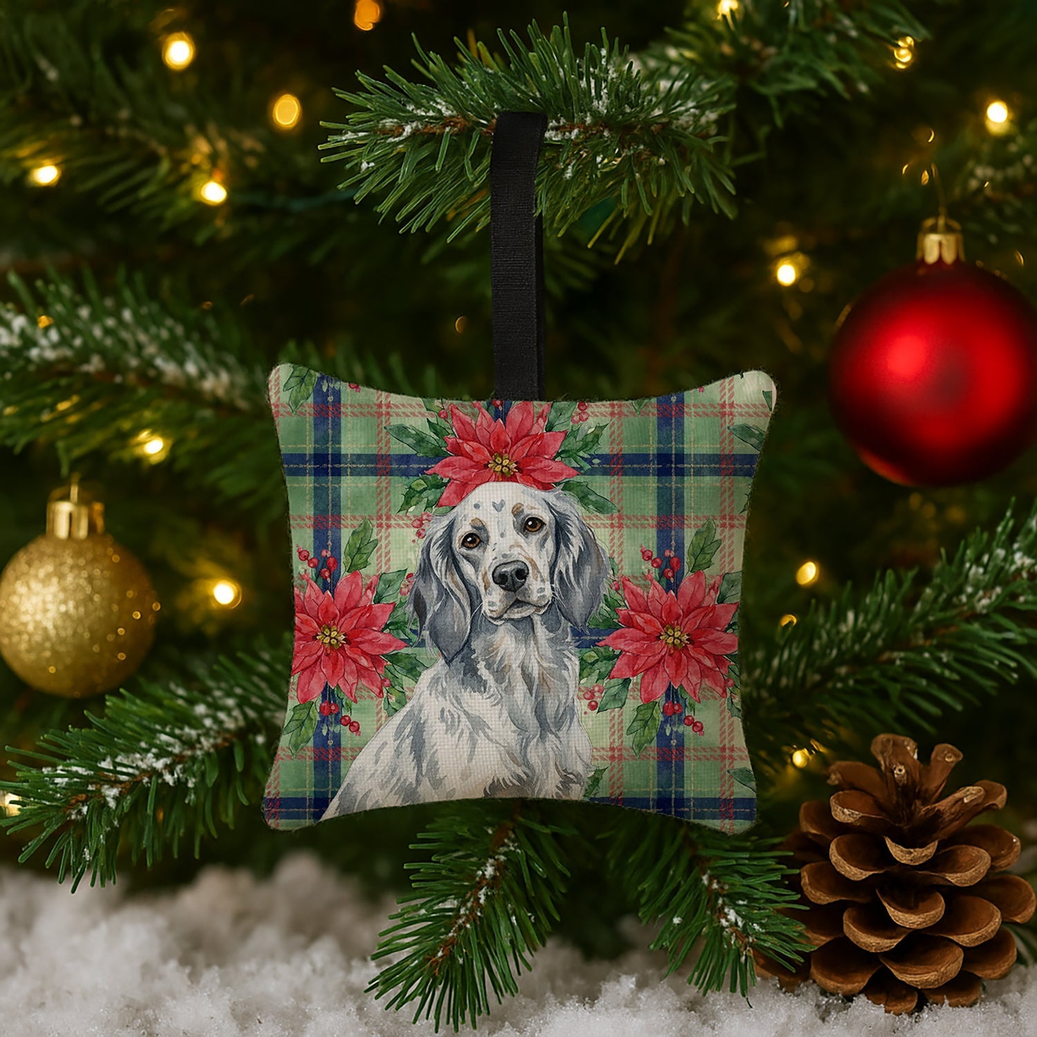 Blue Belton English Setter Christmas PoinsettIas Hanging Square Fabric Ornament 3.5 � 3.5 Decorative Door-Knob & Tree Hanger, Soft Fabric