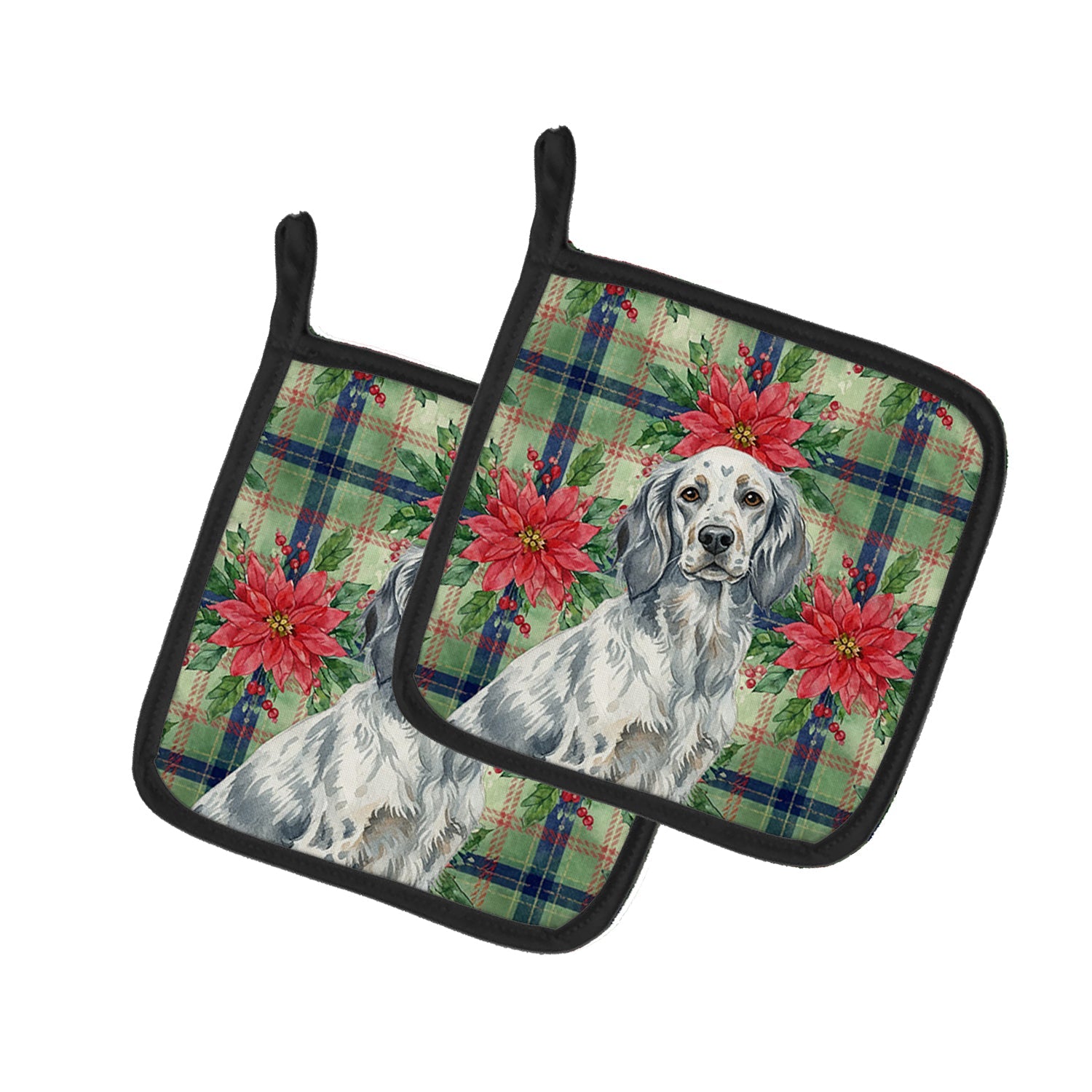 Blue Belton English Setter Christmas PoinsettIas Pot Holder Set of 2 Heat Resistant Quilted Hot Pads 7.5 x 7.5 Inch, Insulated Kitchen Trivets for Cooking & Baking