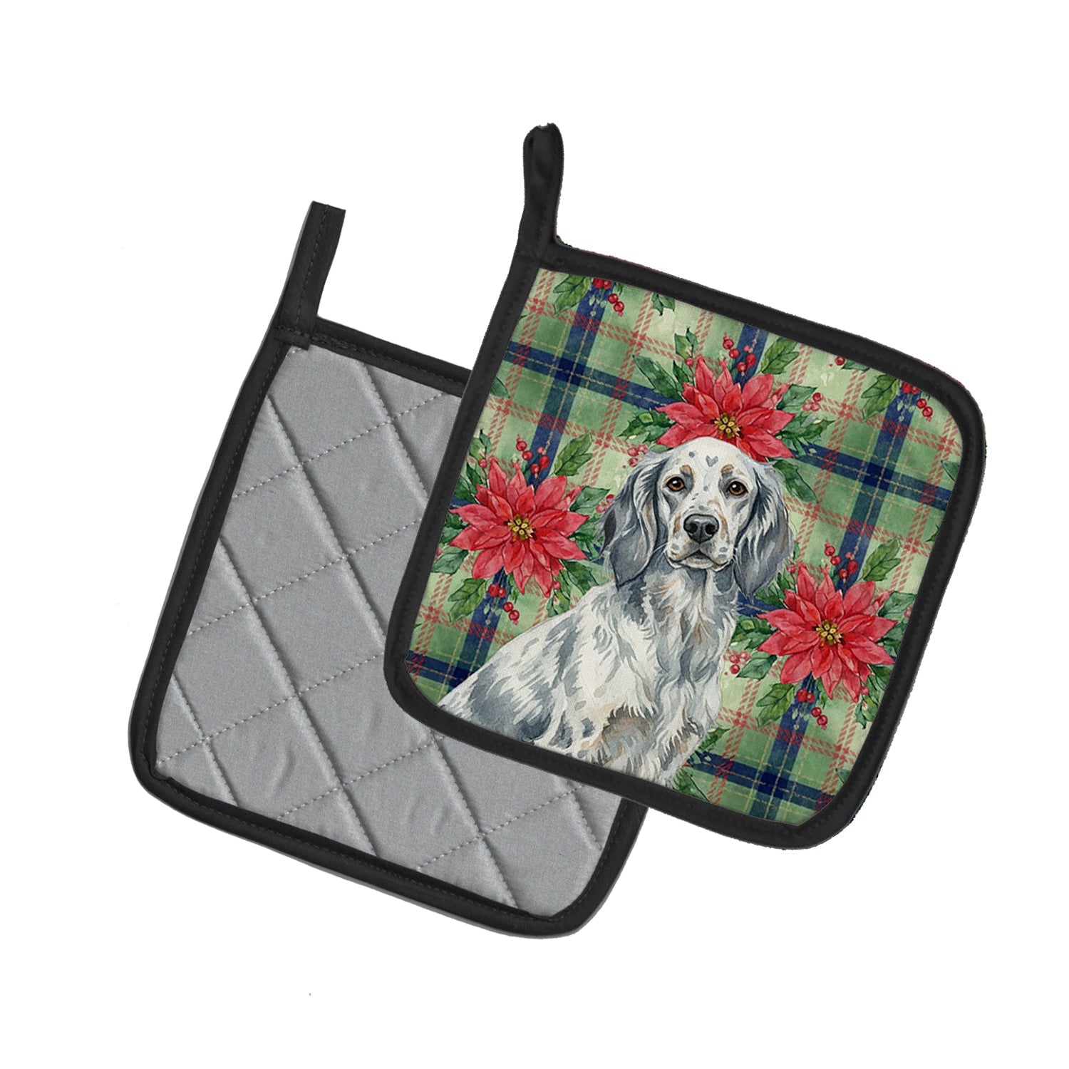Blue Belton English Setter Christmas PoinsettIas Pot Holder Set of 2 Heat Resistant Quilted Hot Pads 7.5 x 7.5 Inch, Insulated Kitchen Trivets for Cooking & Baking