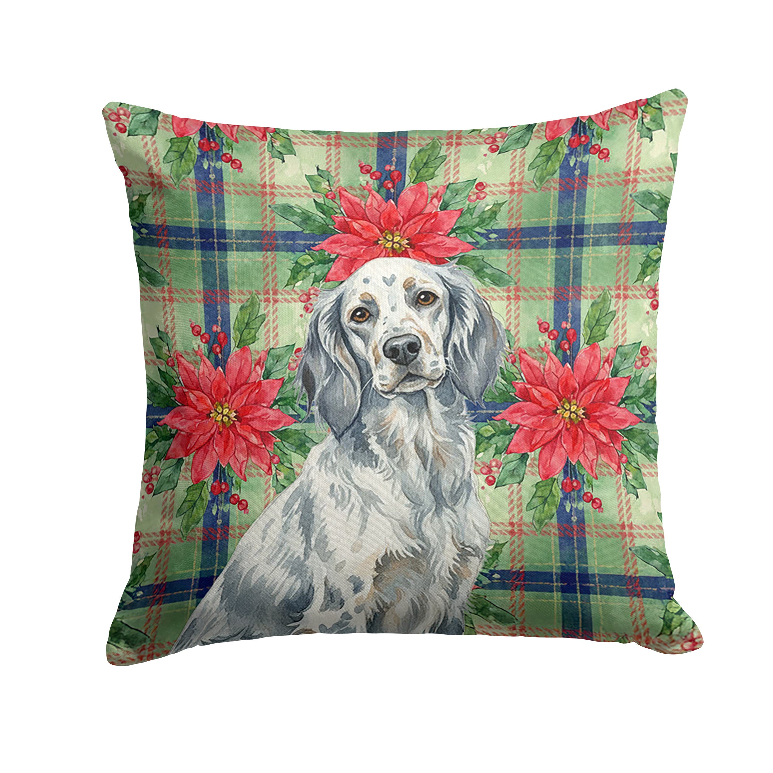 Blue Belton English Setter Christmas PoinsettIas Decorative Throw Pillow 18x18 Indoor Outdoor Accent Cushion, Fabric Cover with Insert for Sofa, Bed, Porch & Living Room