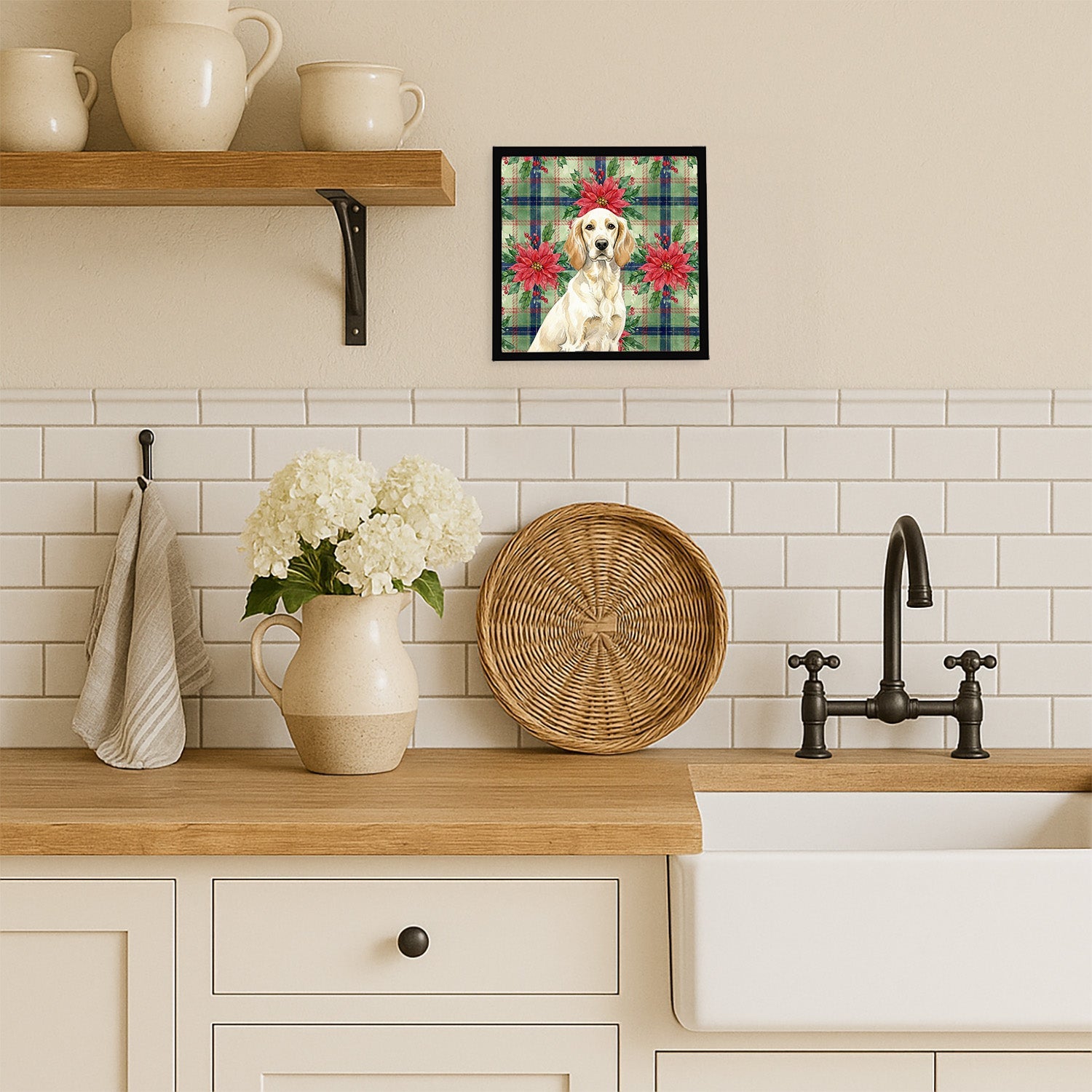 Lemon Belton English Setter Christmas PoinsettIas Framed Metal Print Bathroom, Kitchen, Office, Home Decor Wall Art Ready to Hang, Square, 8X8