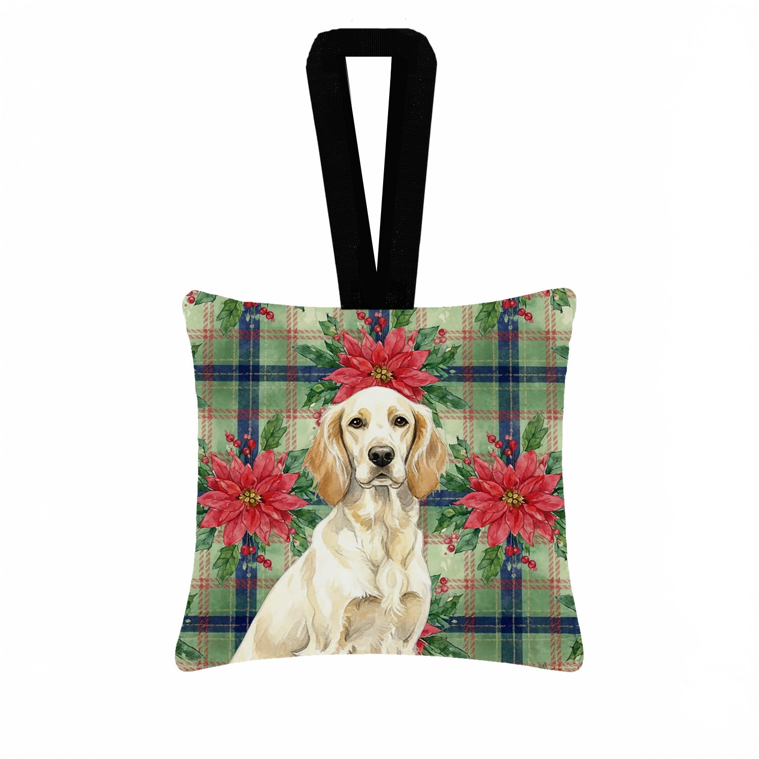 Lemon Belton English Setter Christmas PoinsettIas Hanging Square Fabric Ornament 3.5 � 3.5 Decorative Door-Knob & Tree Hanger, Soft Fabric
