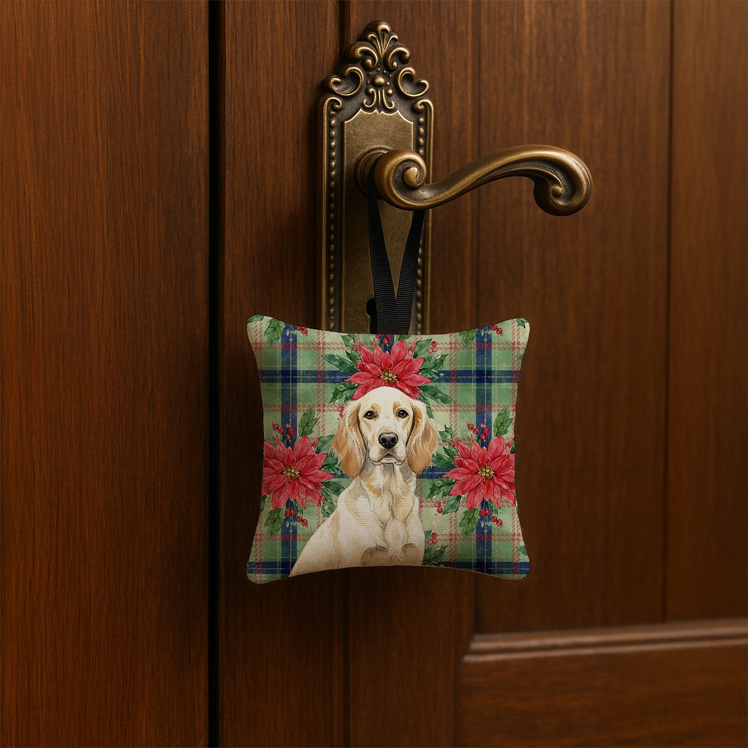 Lemon Belton English Setter Christmas PoinsettIas Hanging Square Fabric Ornament 3.5 � 3.5 Decorative Door-Knob & Tree Hanger, Soft Fabric