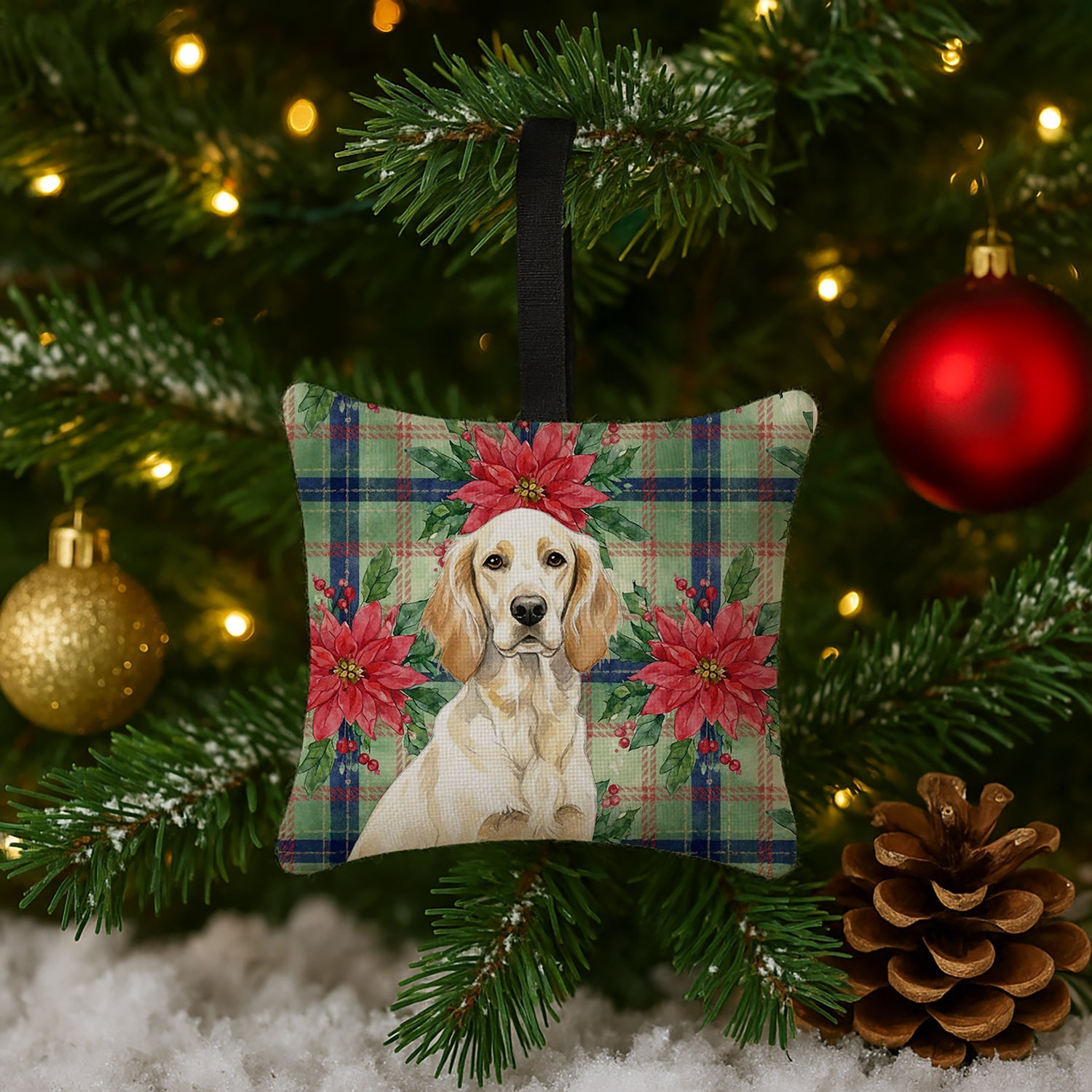Lemon Belton English Setter Christmas PoinsettIas Hanging Square Fabric Ornament 3.5 � 3.5 Decorative Door-Knob & Tree Hanger, Soft Fabric