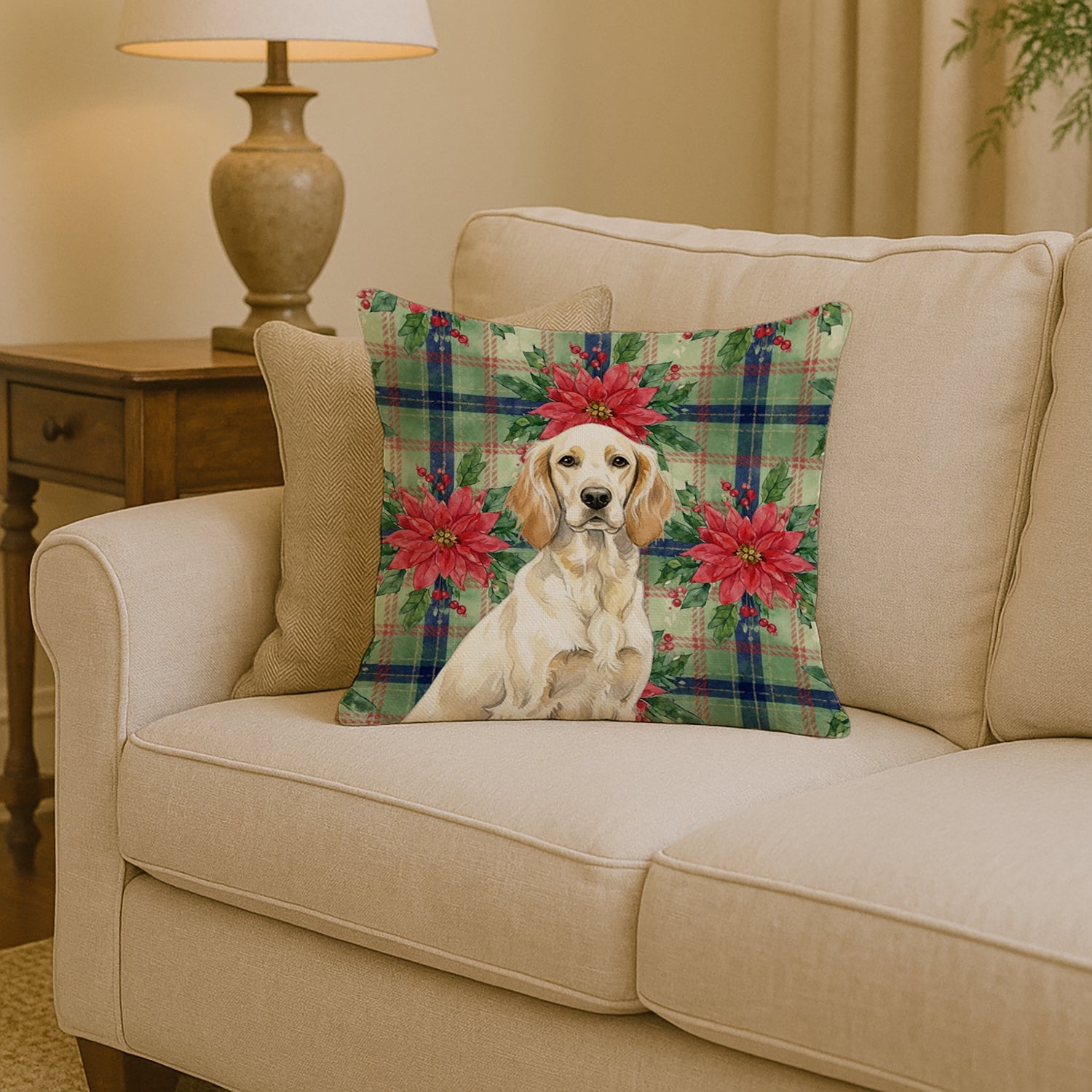 Lemon Belton English Setter Christmas PoinsettIas Decorative Throw Pillow 14x14 Indoor Outdoor Accent Cushion, Fabric Cover with Insert for Sofa, Bed, Porch & Living Room