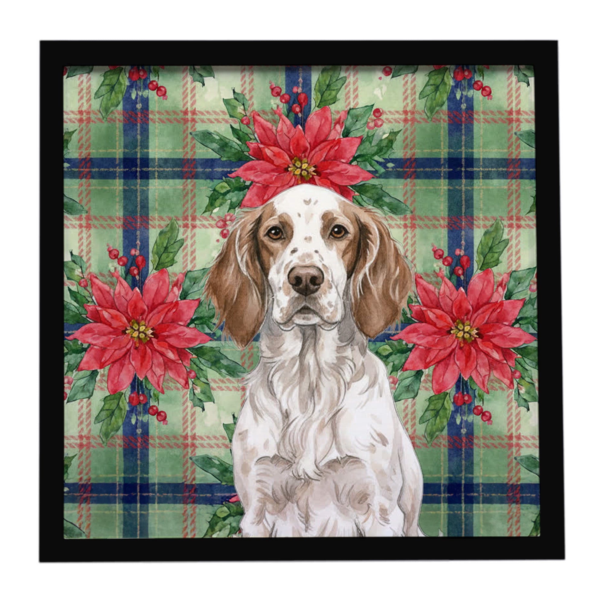 Liver Belton English Setter Christmas PoinsettIas Framed Metal Print Bathroom, Kitchen, Office, Home Decor Wall Art Ready to Hang, Square, 8X8