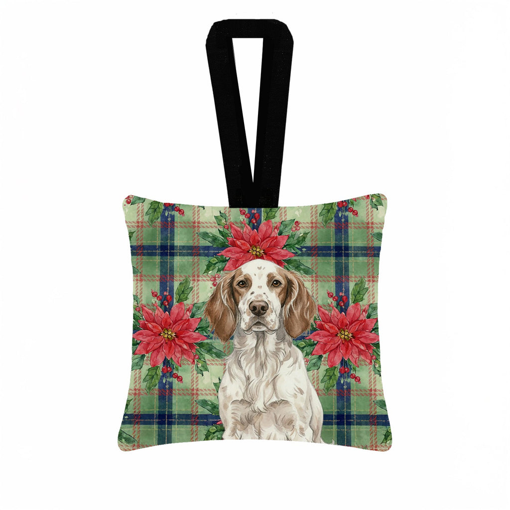 Liver Belton English Setter Christmas PoinsettIas Hanging Square Fabric Ornament 3.5 � 3.5 Decorative Door-Knob & Tree Hanger, Soft Fabric