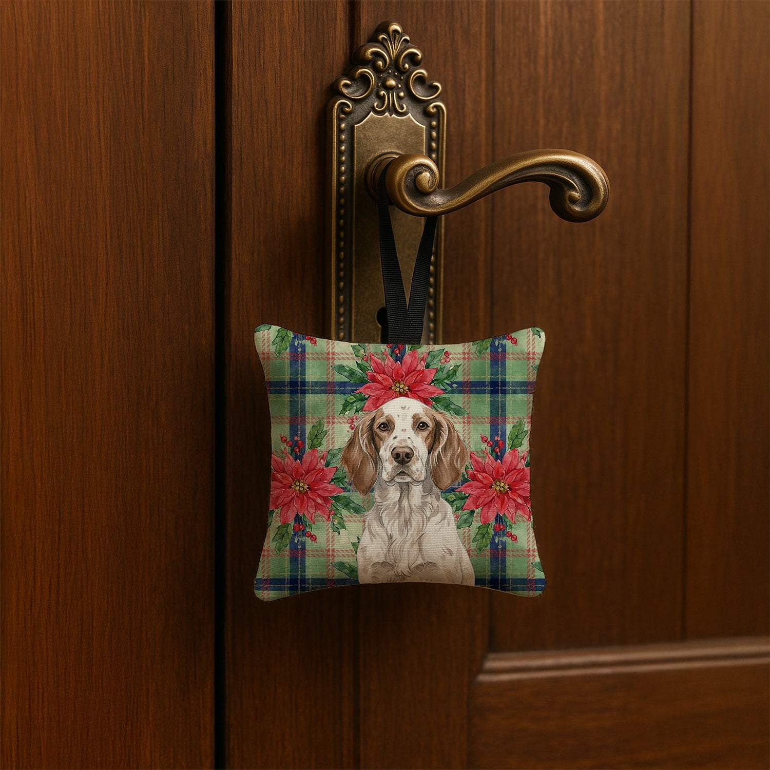 Liver Belton English Setter Christmas PoinsettIas Hanging Square Fabric Ornament 3.5 � 3.5 Decorative Door-Knob & Tree Hanger, Soft Fabric