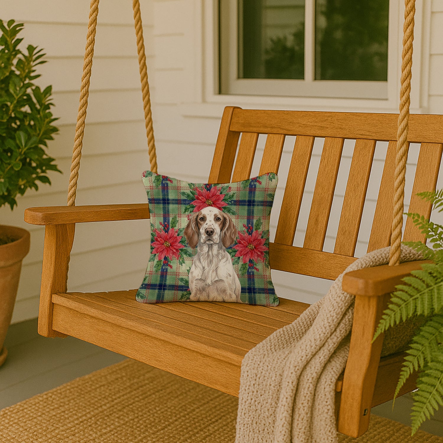 Liver Belton English Setter Christmas PoinsettIas Decorative Throw Pillow 14x14 Indoor Outdoor Accent Cushion, Fabric Cover with Insert for Sofa, Bed, Porch & Living Room