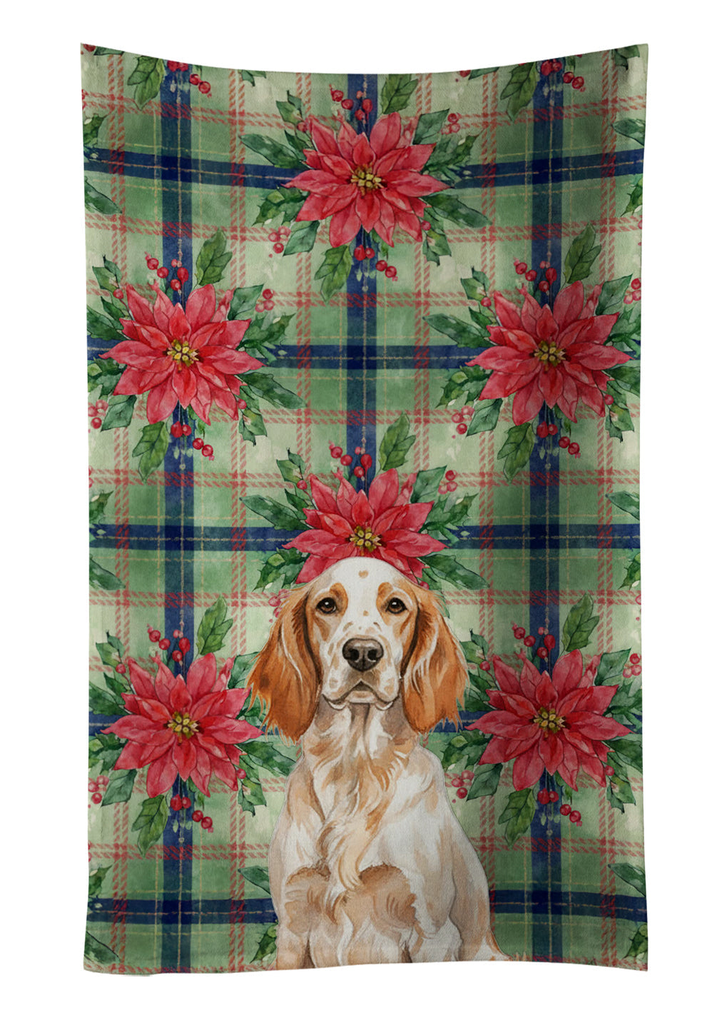 Orange Belton English Setter Christmas PoinsettIas Kitchen Towel Velour Plush Front and Cotton Loop Back Machine Washable