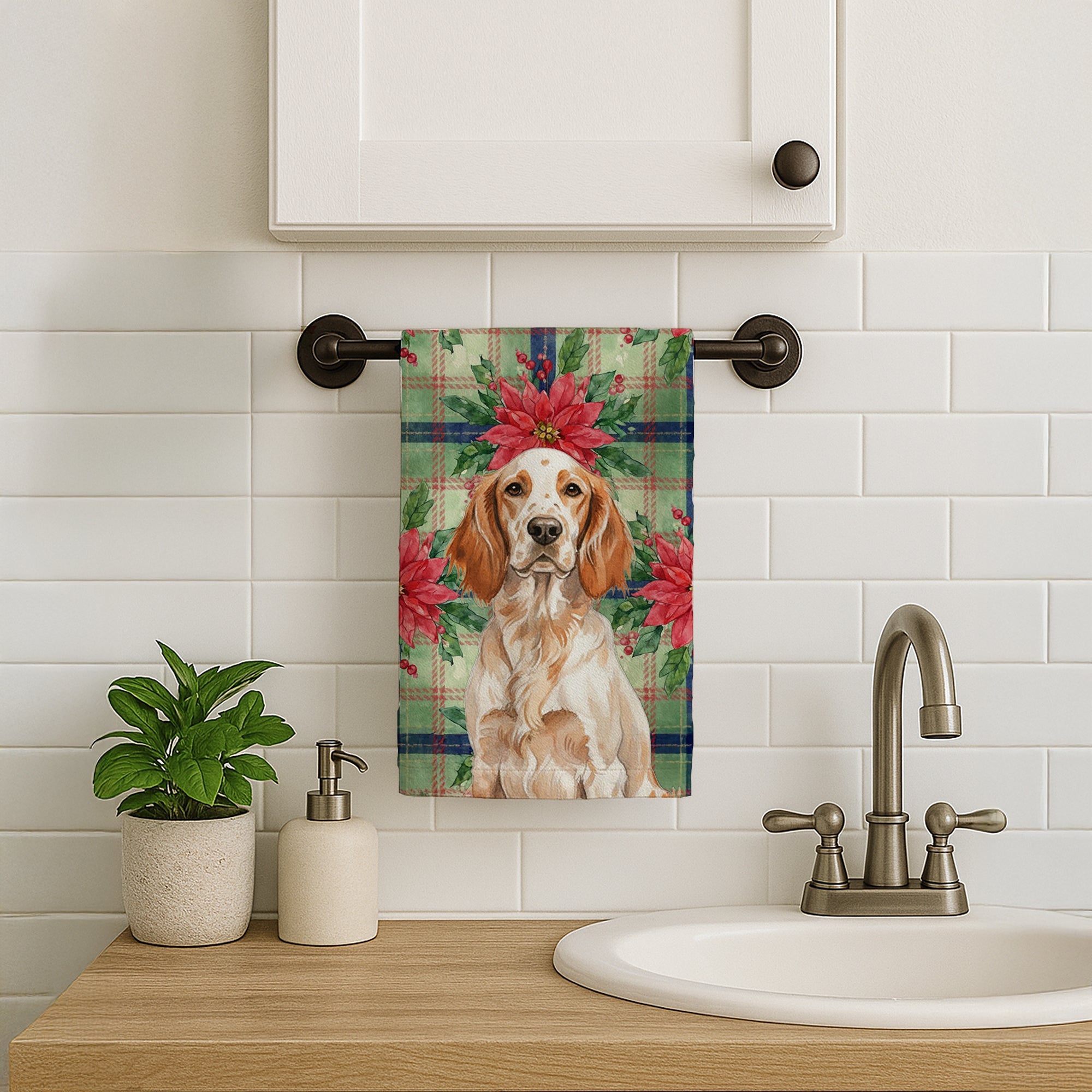 Orange Belton English Setter Christmas PoinsettIas Kitchen Towel Velour Plush Front and Cotton Loop Back Machine Washable