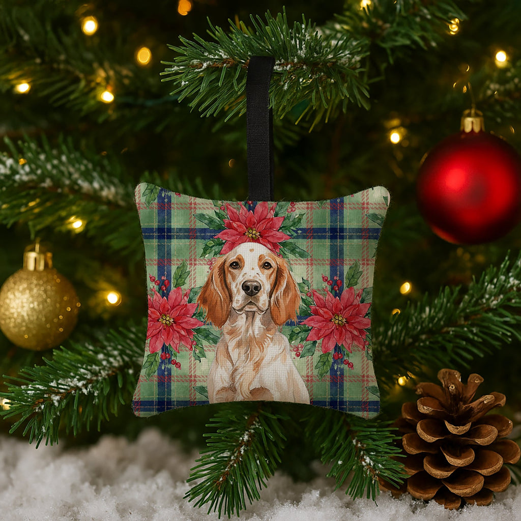 Orange Belton English Setter Christmas PoinsettIas Hanging Square Fabric Ornament 3.5 � 3.5 Decorative Door-Knob & Tree Hanger, Soft Fabric
