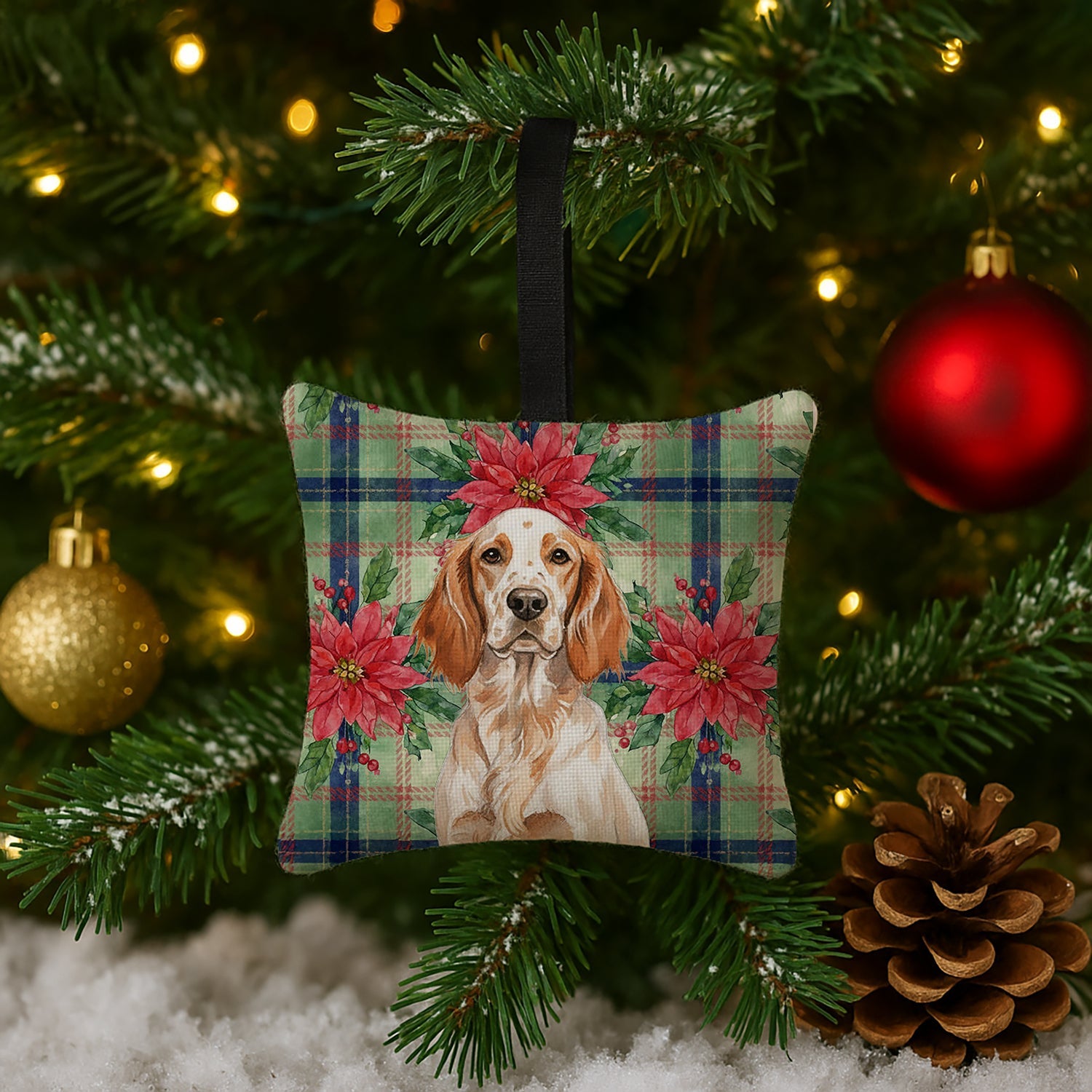 Orange Belton English Setter Christmas PoinsettIas Hanging Square Fabric Ornament 3.5 � 3.5 Decorative Door-Knob & Tree Hanger, Soft Fabric