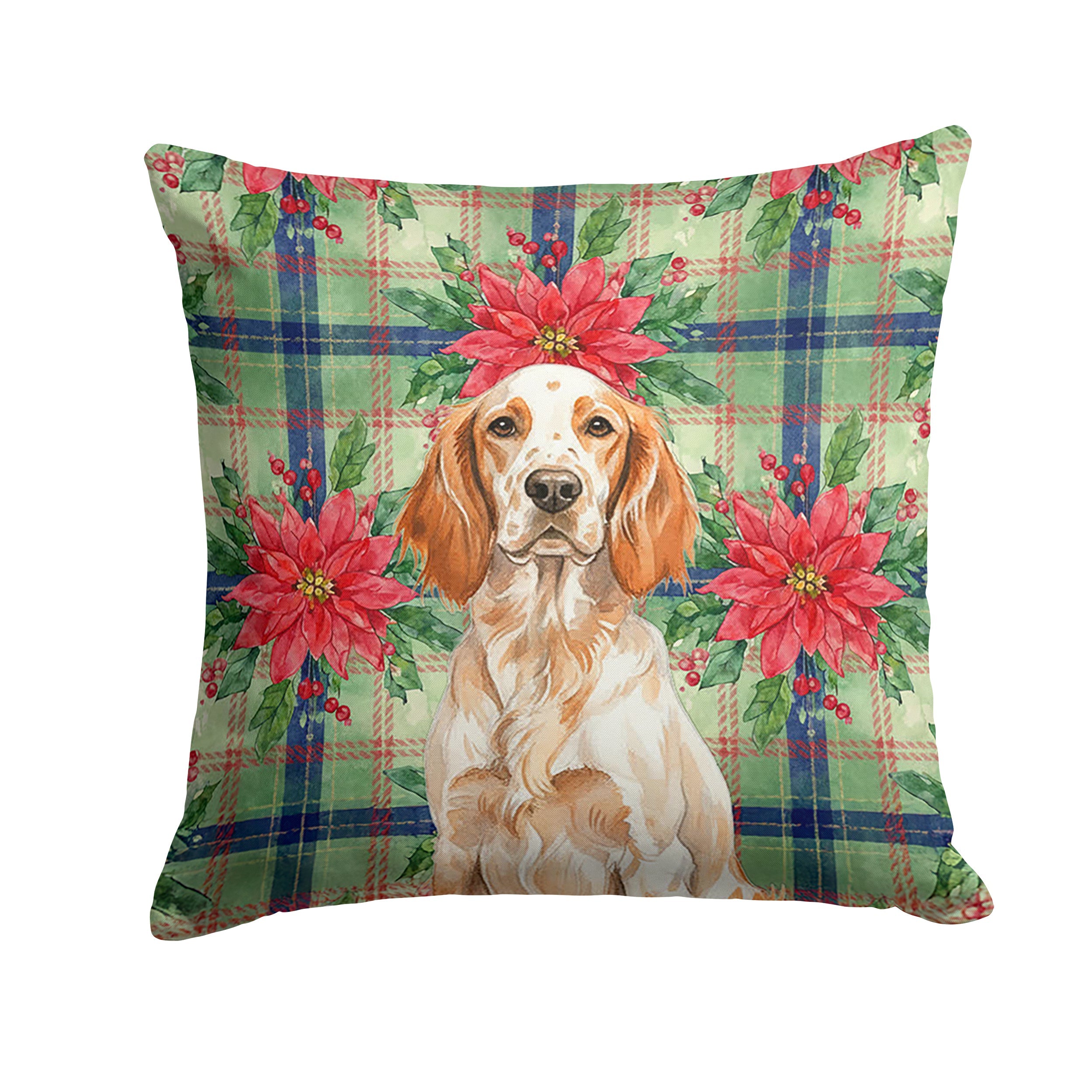 Orange Belton English Setter Christmas PoinsettIas Decorative Throw Pillow 14x14 Indoor Outdoor Accent Cushion, Fabric Cover with Insert for Sofa, Bed, Porch & Living Room