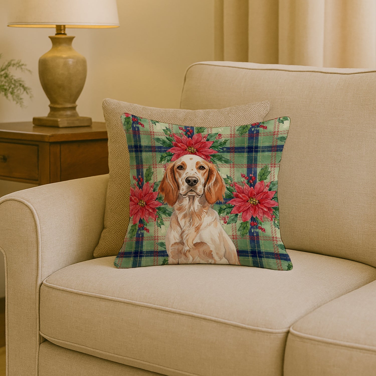 Orange Belton English Setter Christmas PoinsettIas Decorative Throw Pillow 18x18 Indoor Outdoor Accent Cushion, Fabric Cover with Insert for Sofa, Bed, Porch & Living Room