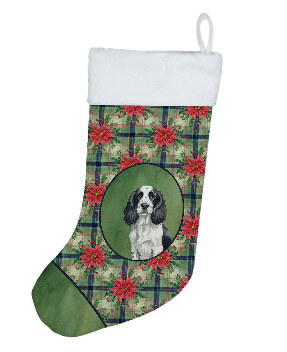 Black and White English Springer Spaniel Christmas PoinsettIas Holiday Stocking Double-Sided Print, Polyester Suede,11x18, Made in USA
